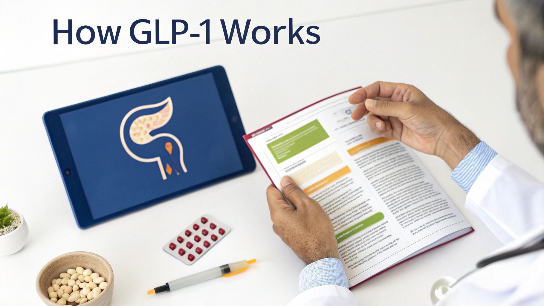 A doctor reviews GLP-1 information, with a tablet displaying a pancreas illustration and medication on a white table.