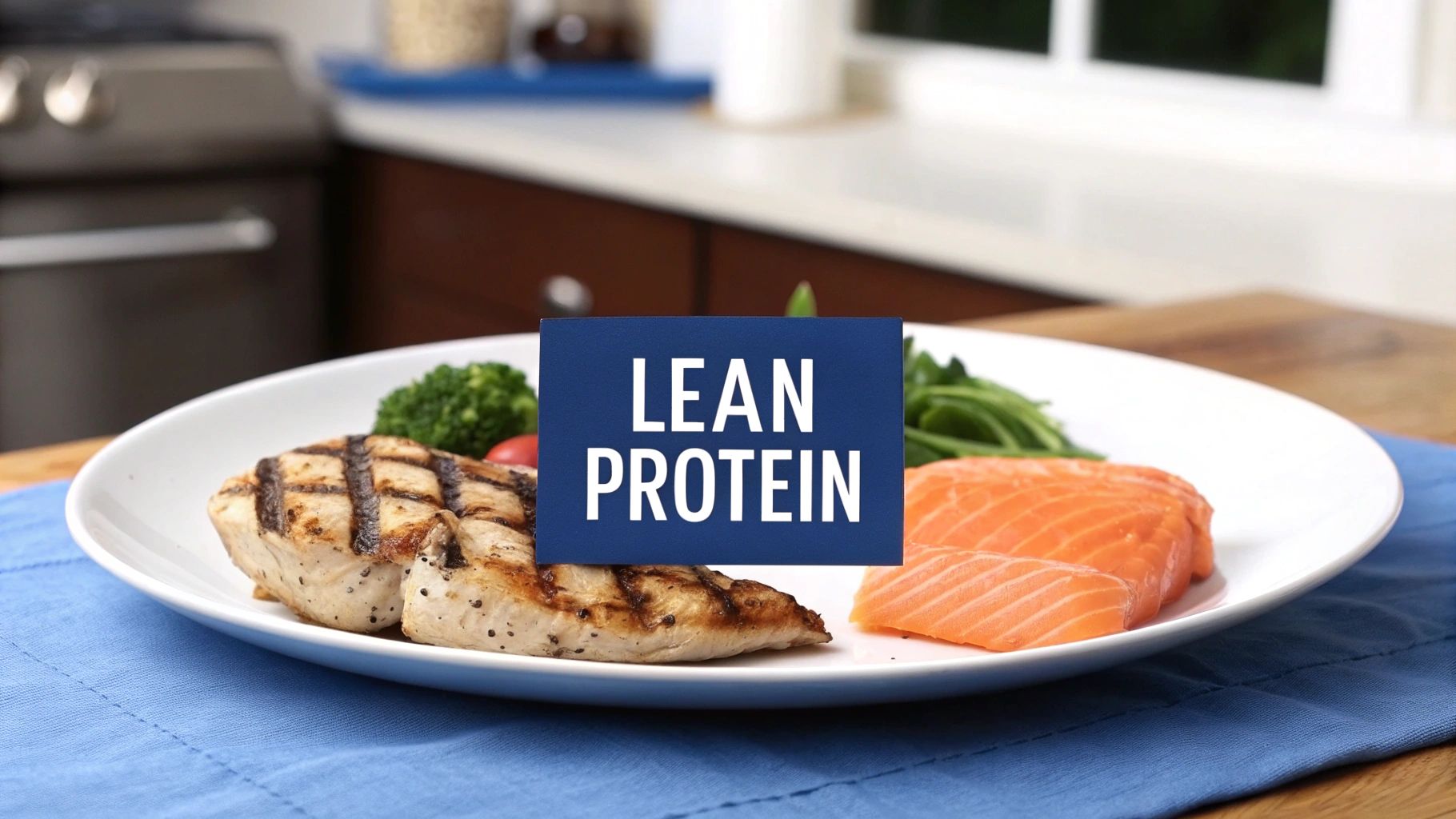 A selection of lean proteins including chicken breast, salmon, and lean beef steak, arranged on a kitchen counter with fresh herbs.