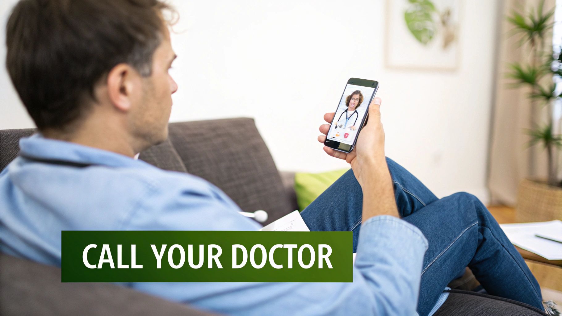 A man sits on a couch having a video call with a female doctor, with text 'CALL YOUR DOCTOR'.
