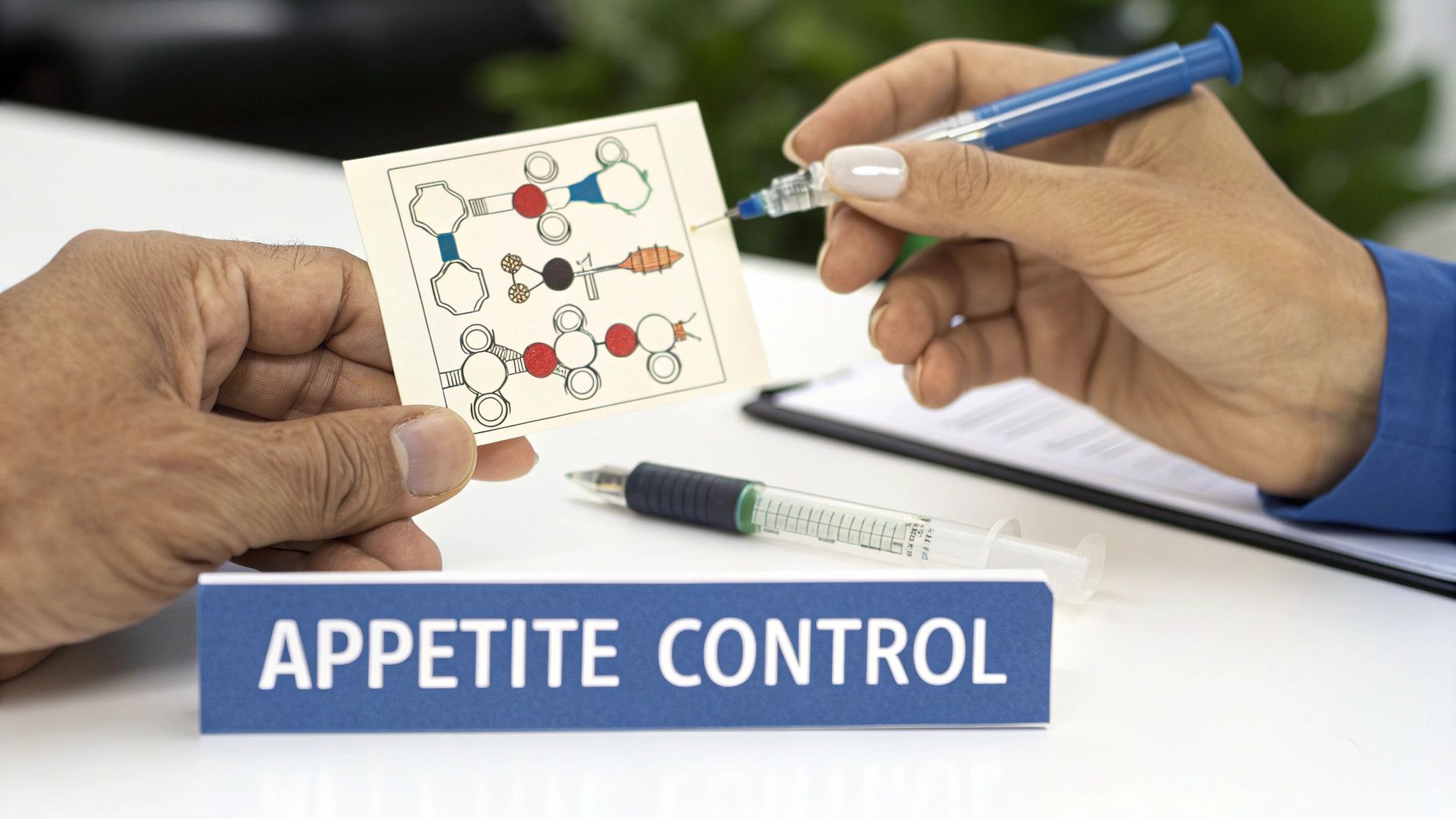 Hands examine a card with scientific diagrams for appetite control, with a pen and syringe nearby.