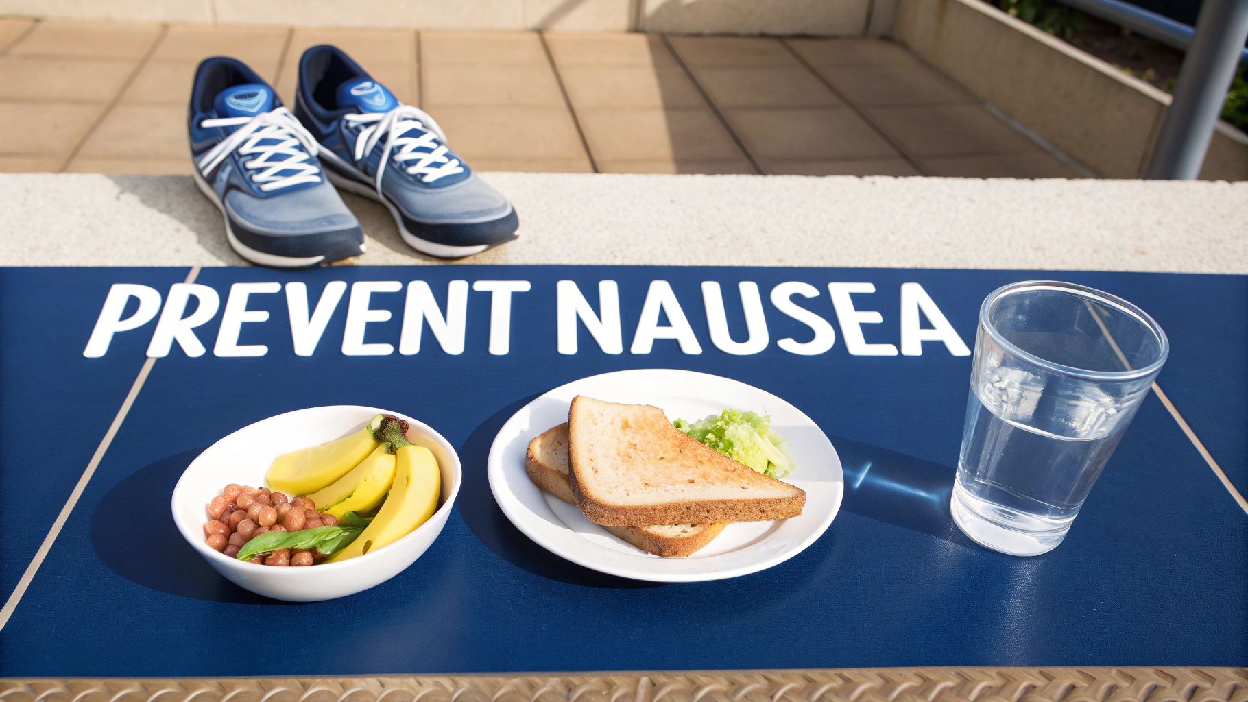 Running shoes, bananas, toast, and water are placed on a mat labeled 'PREVENT NAUSEA'.