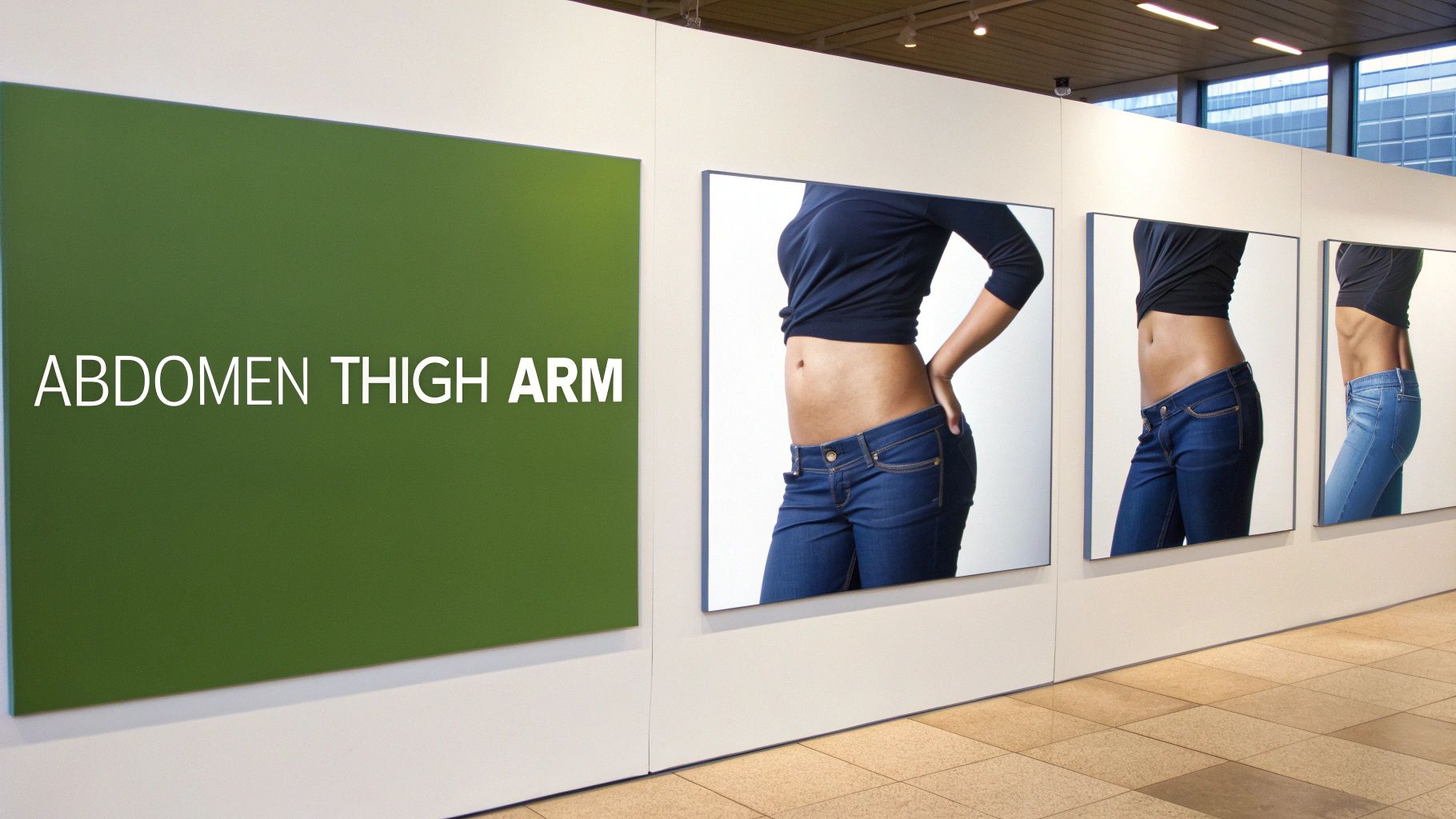 A gallery wall featuring a green panel with 'ABDOMEN THIGH ARM' text and three framed images of people's torsos.