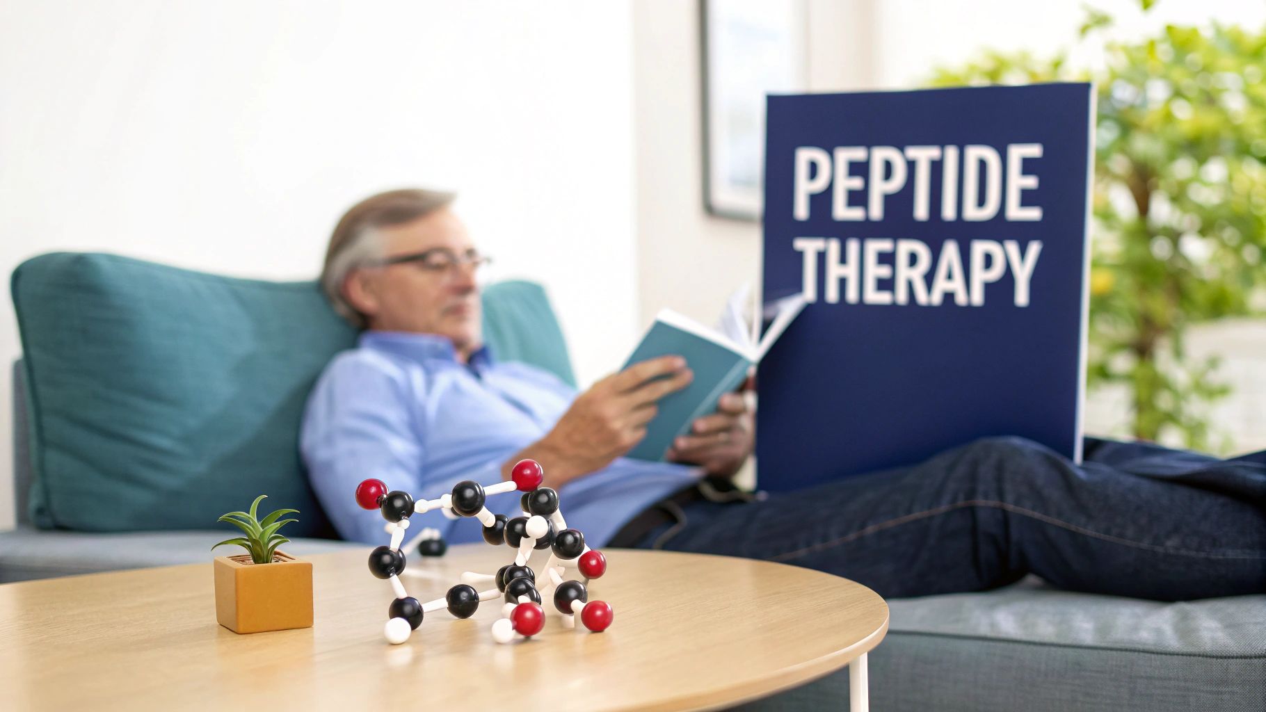 A man relaxing on a sofa reads a book, with a 'PEPTIDE THERAPY' sign and molecular model in view.