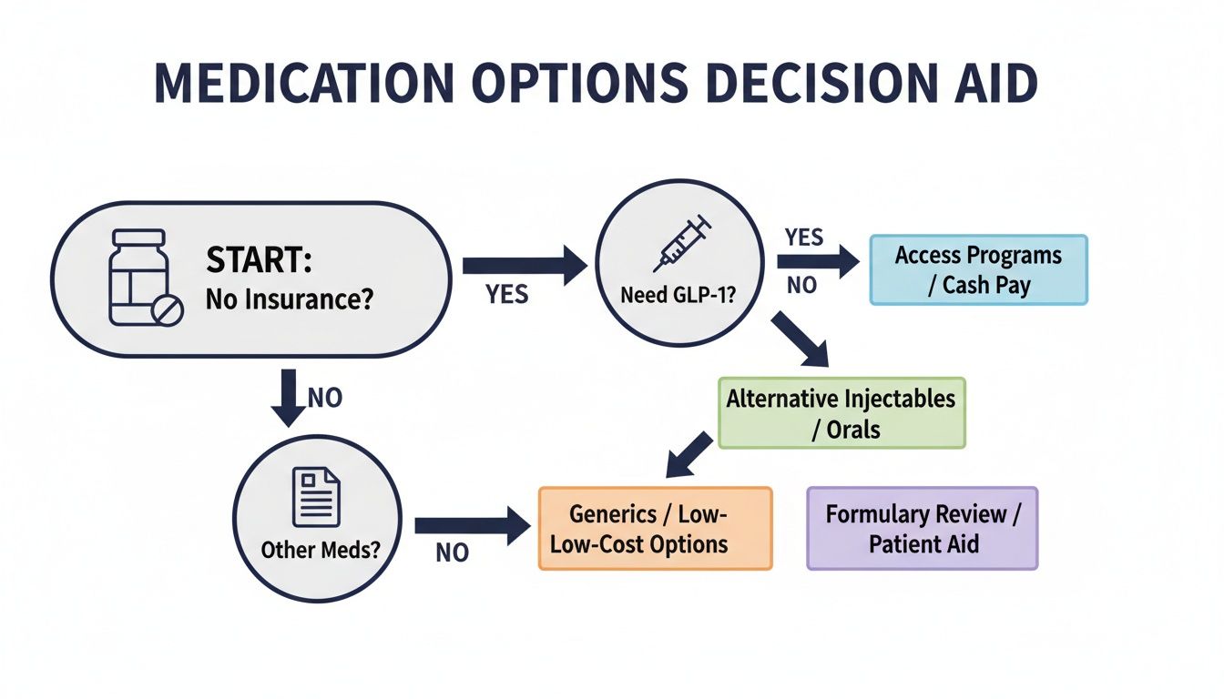 A flowchart showing medication options and decision aid for patients, starting with insurance status.