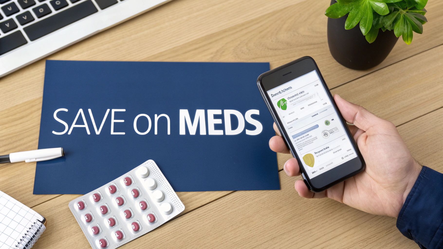A person uses a smartphone app to find savings on medication, next to a 'SAVE on MEDS' sign and a blister pack of pills.