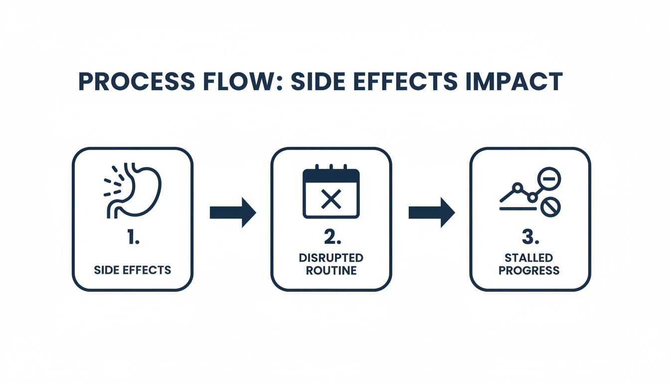 Process flow diagram illustrating how medical side effects lead to disrupted routines and stalled progress.