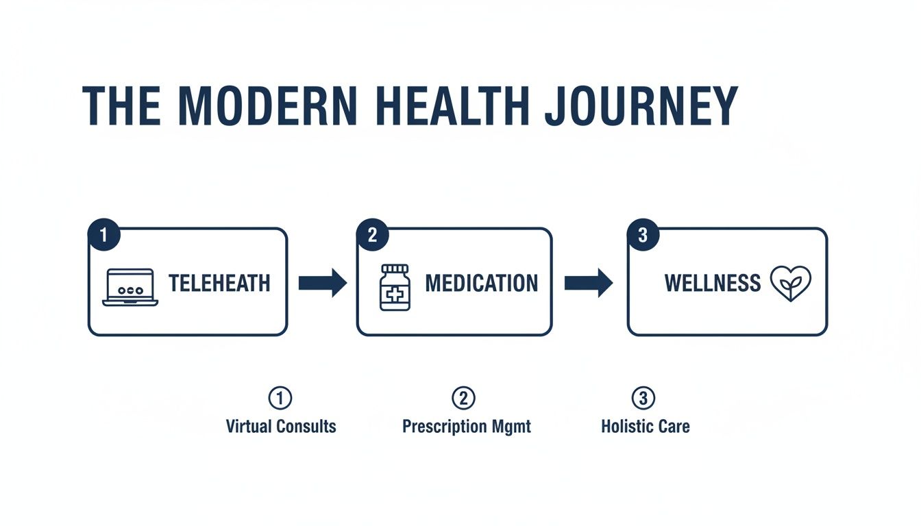 A visual showing the modern health journey: Telehealth, Medication, and Wellness with descriptive text.