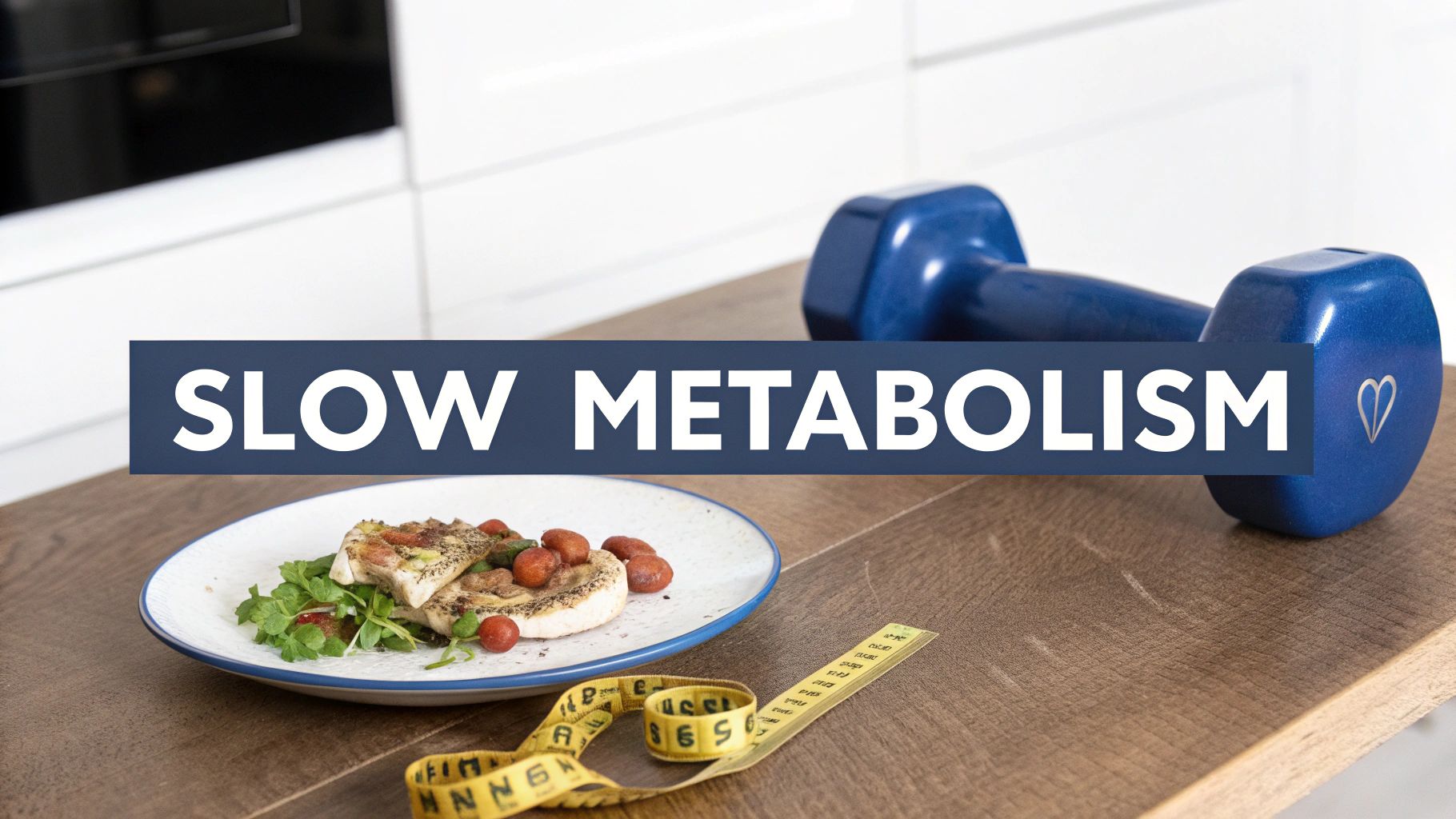 Text 'SLOW METABOLISM' over a healthy meal, dumbbell, and measuring tape, symbolizing diet and exercise.