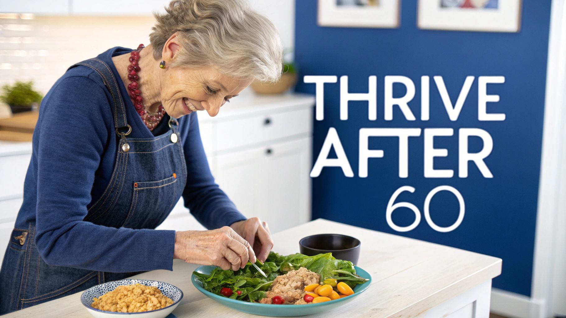 Smiling senior woman in a kitchen preparing a vibrant healthy salad, promoting thriving after 60.