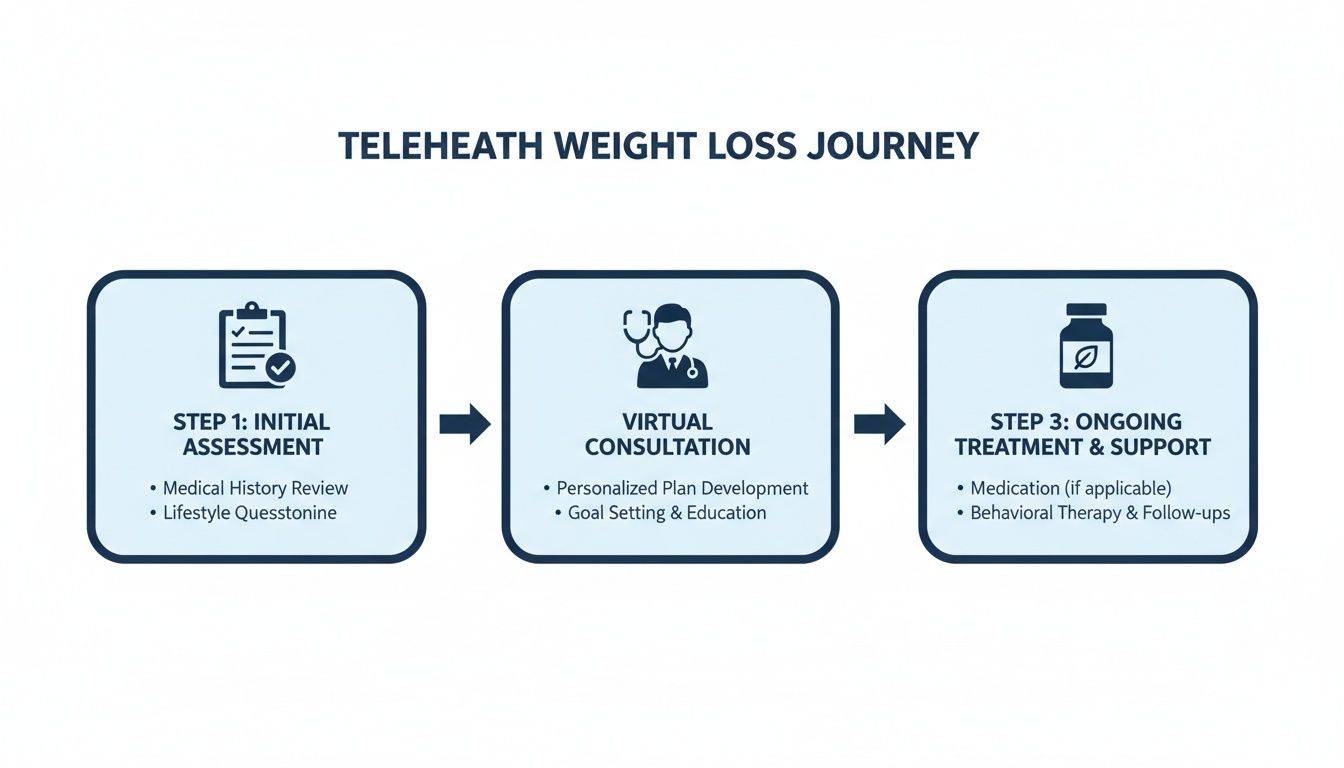 A three-step telehealth weight loss journey diagram: initial assessment, virtual consultation, and ongoing support.