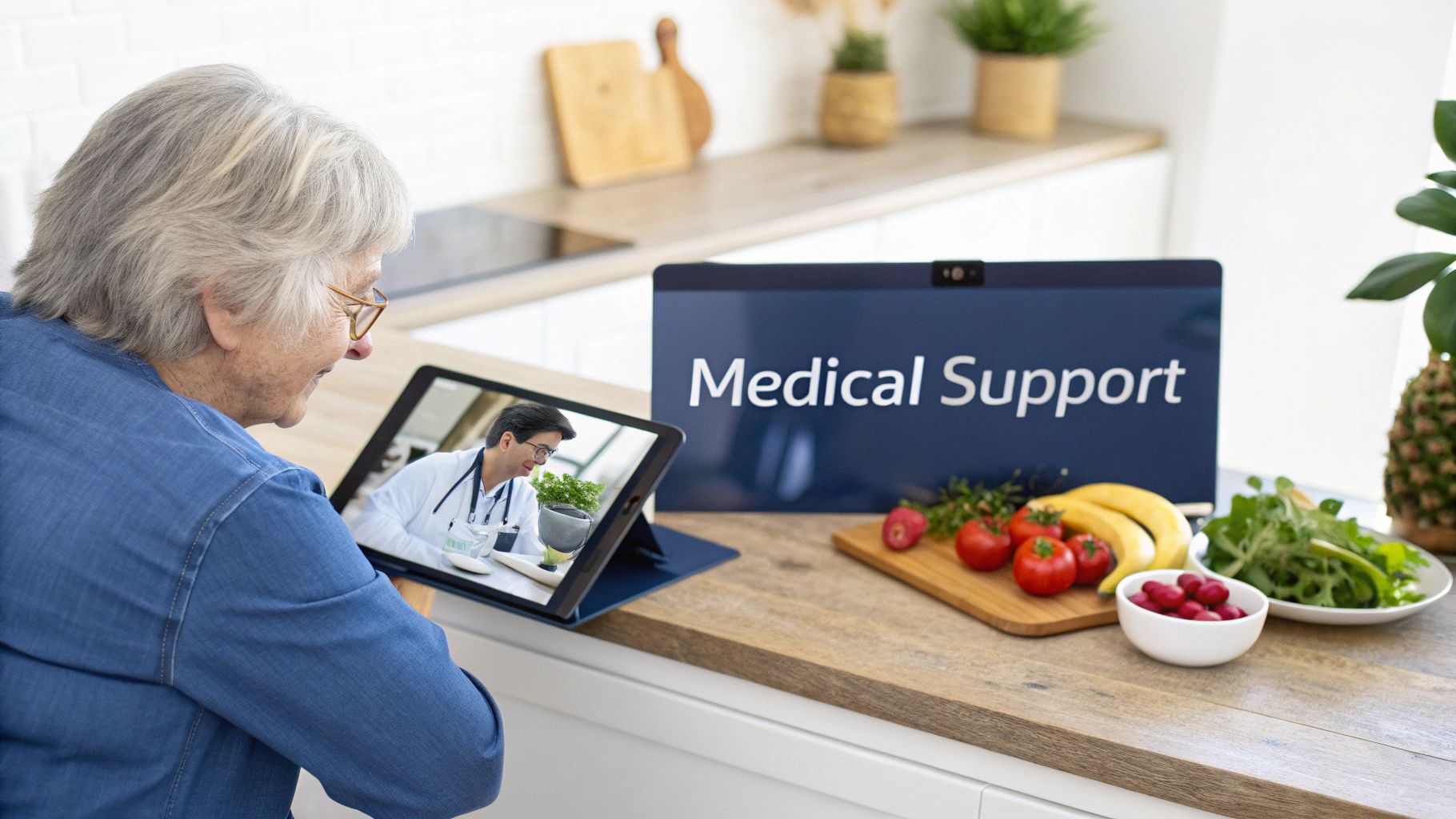 Senior woman video calls doctor on tablet for medical support, surrounded by healthy food.