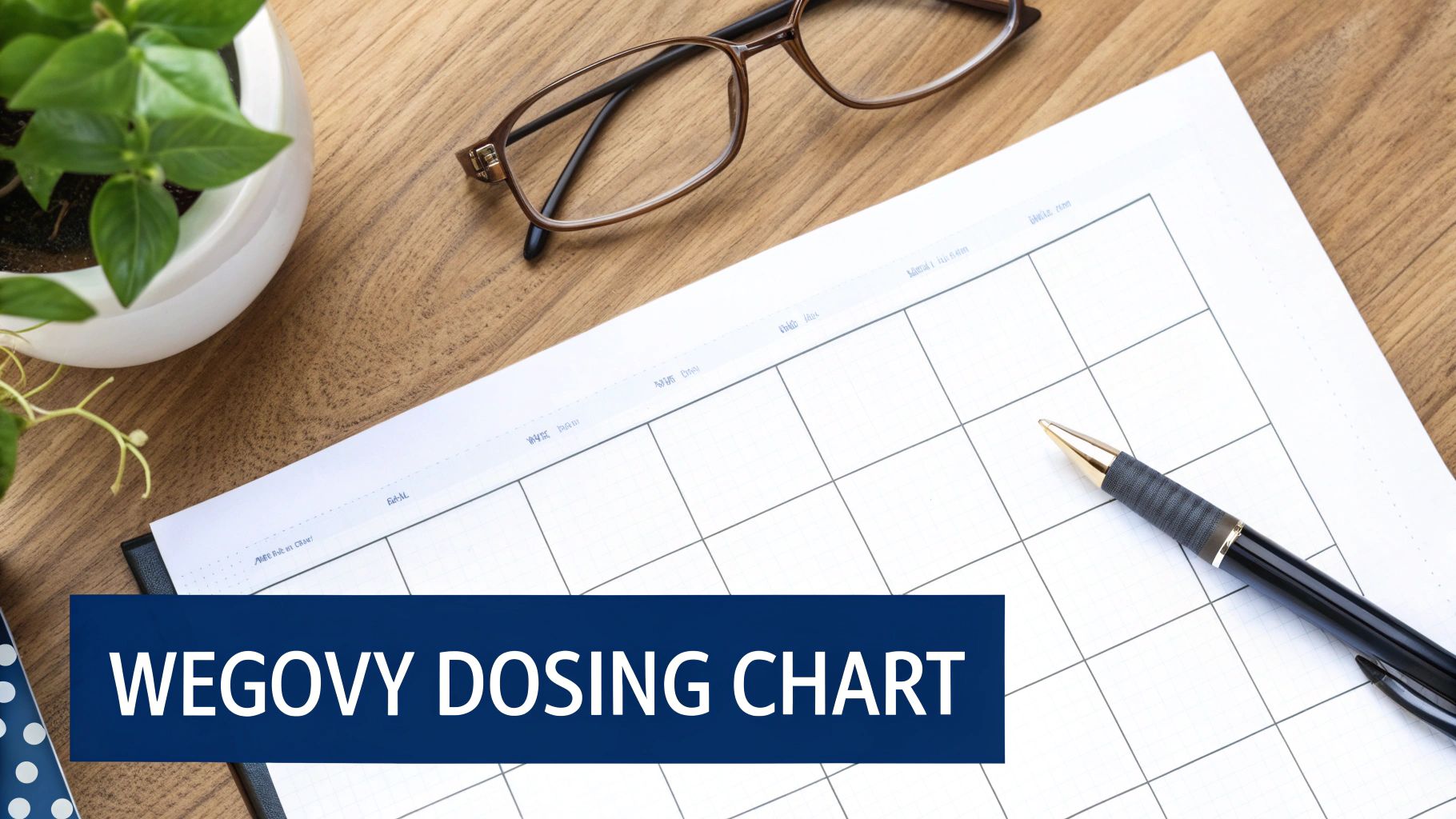 Overhead view of a wooden desk with a green plant, brown glasses, a pen, and a Wegovy Dosing Chart.
