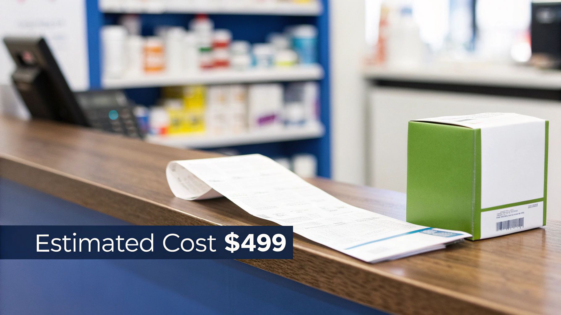 A pharmacy counter with a long receipt, a green box, and a payment terminal. Text overlay shows 'Estimated Cost $499'.