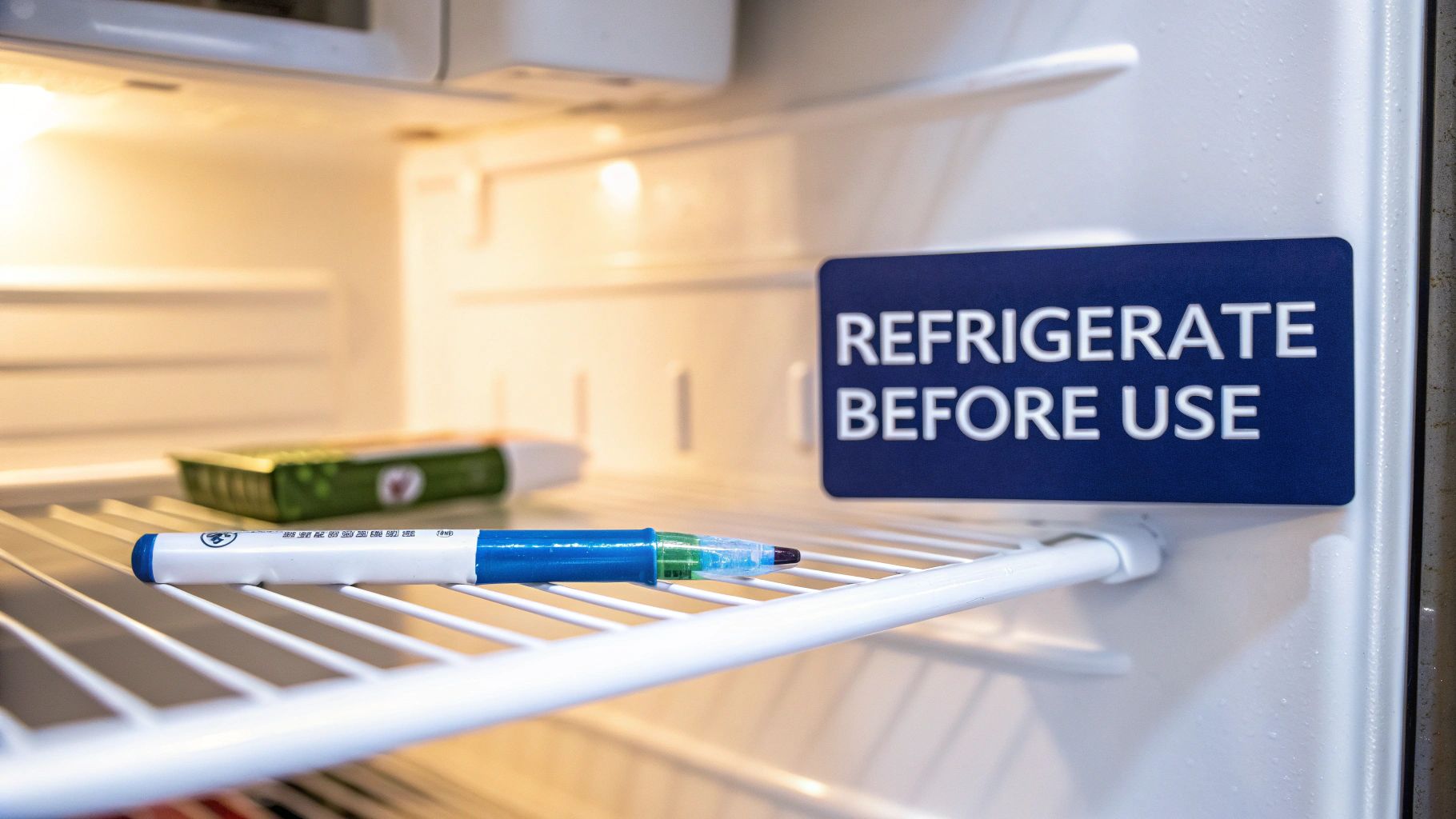 An open refrigerator displays a pen and a package on a shelf, with a prominent 'REFRIGERATE BEFORE USE' sign.