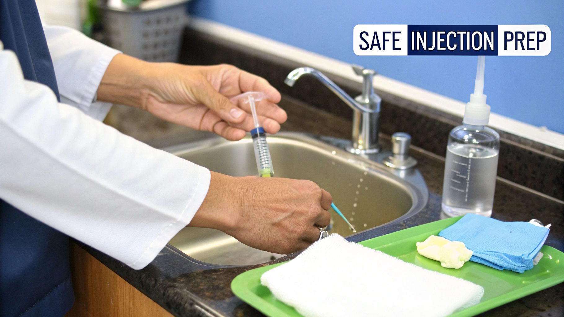 A healthcare professional prepares a syringe by a sink, demonstrating safe injection practices with medical supplies.