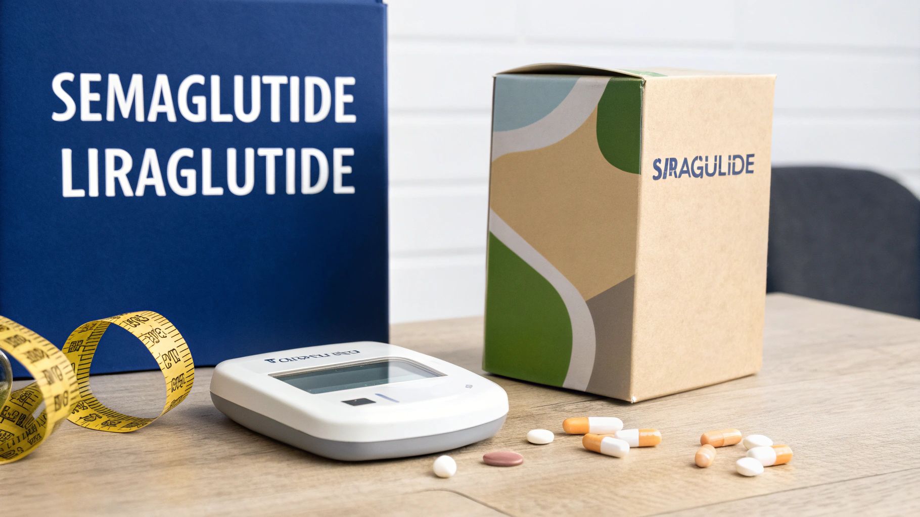 Semaglutide and Liraglutide medications with a measuring tape, pills, and a medical device.