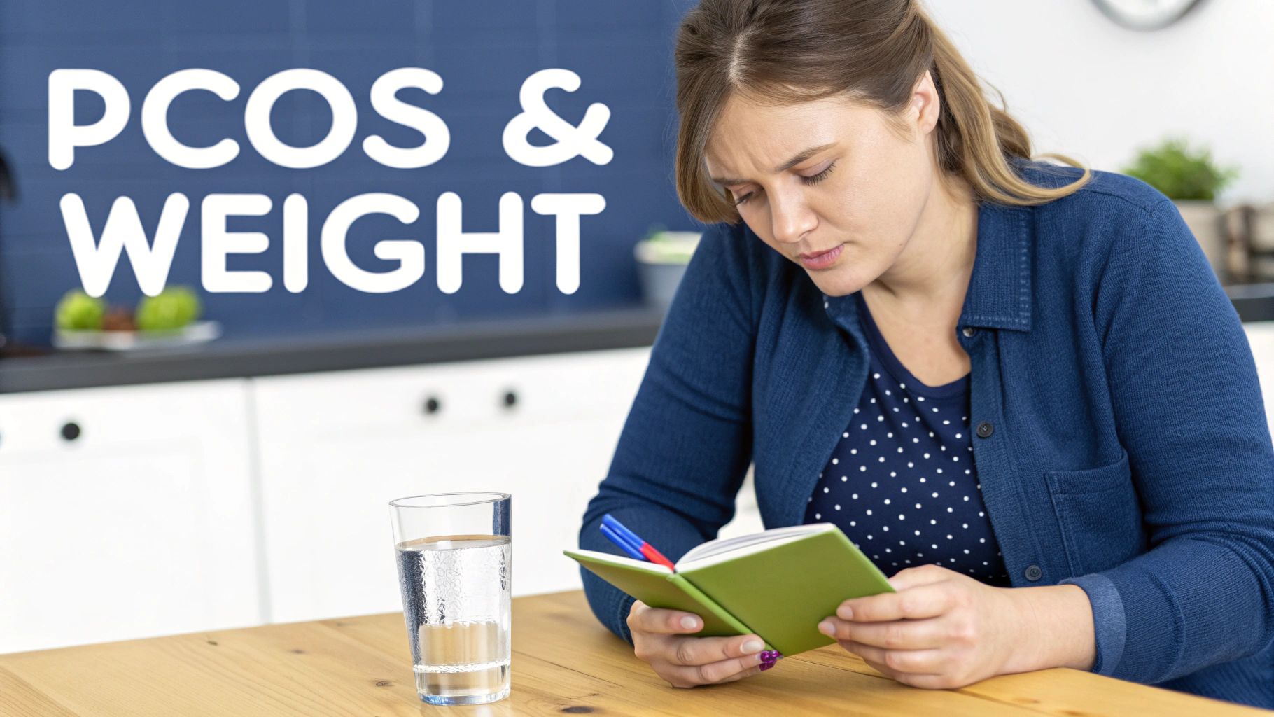 A woman focused on her notebook at a table with a glass of water, text says 'PCOS & WEIGHT'.