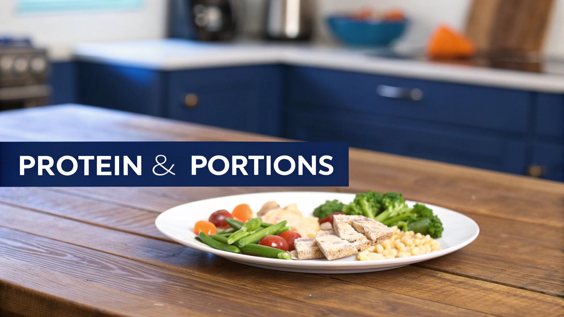 A healthy plate of protein, vegetables, and beans on a wooden table, with a 'PROTEIN & PORTIONS' banner.