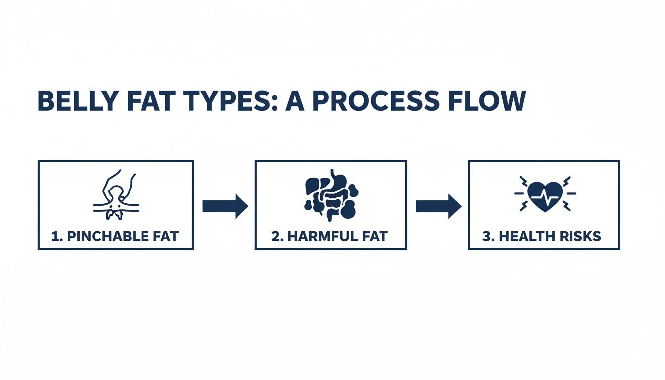 A process flow diagram illustrates the progression from pinchable belly fat to harmful fat and associated health risks.