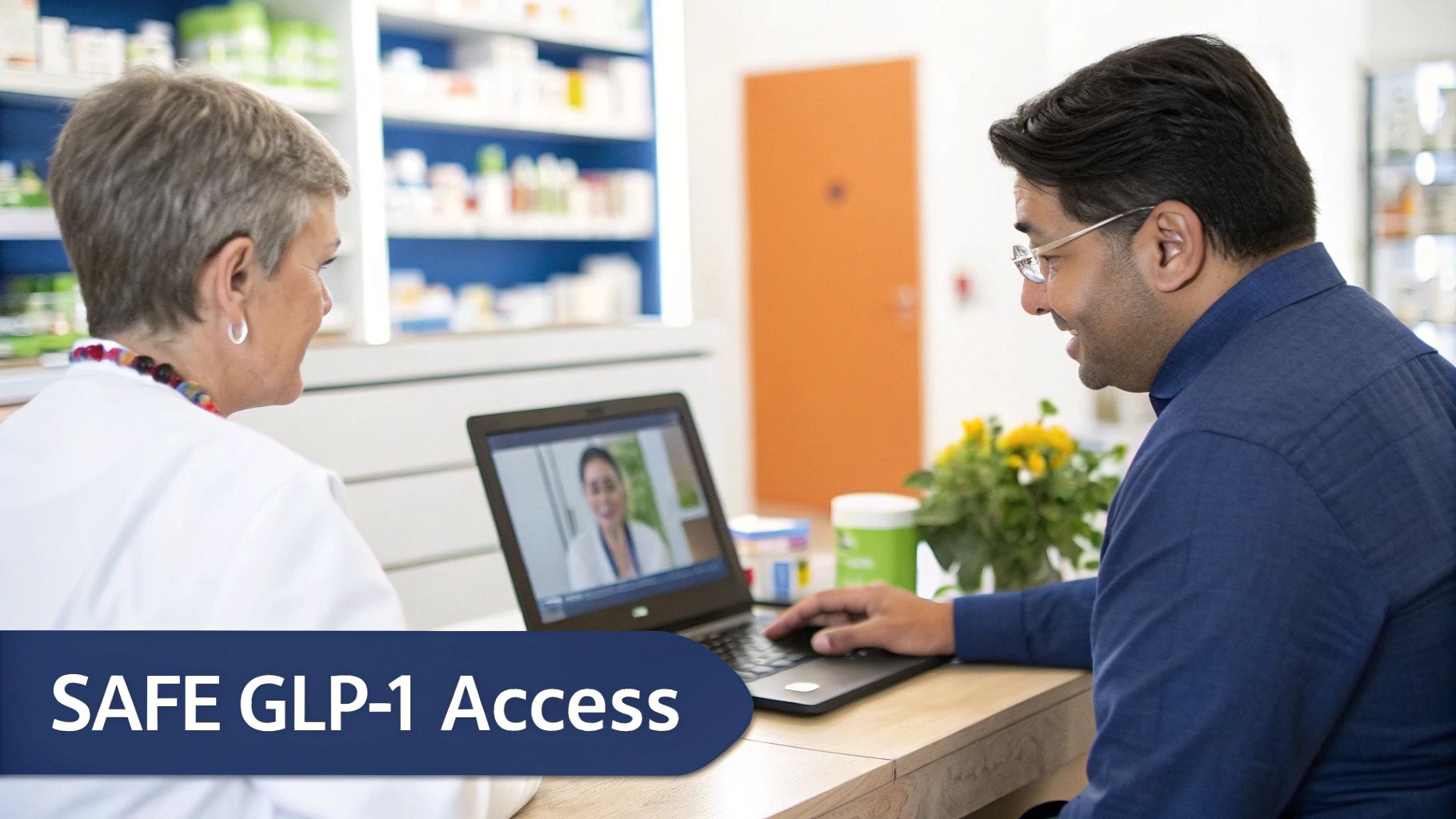A pharmacist and patient engaging in a virtual healthcare consultation on a laptop within a pharmacy setting.