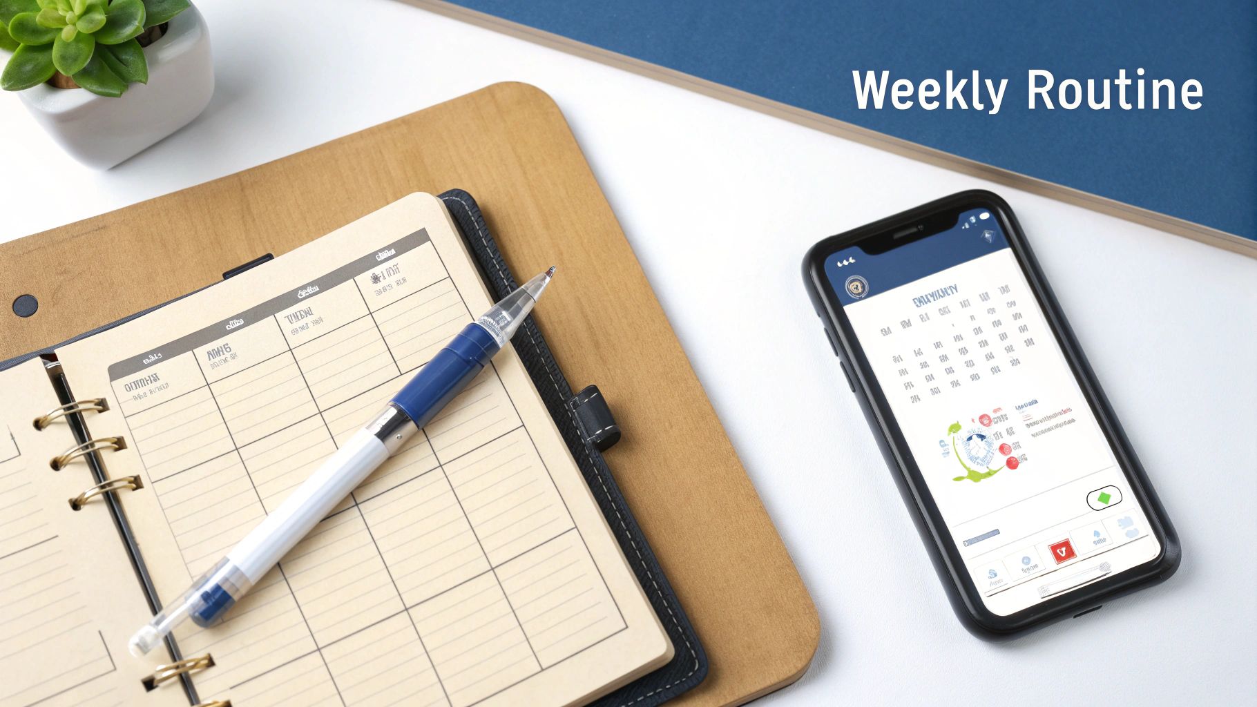 A flatlay of a desk with a notebook, pen, succulent plant, and a smartphone showing a calendar app.
