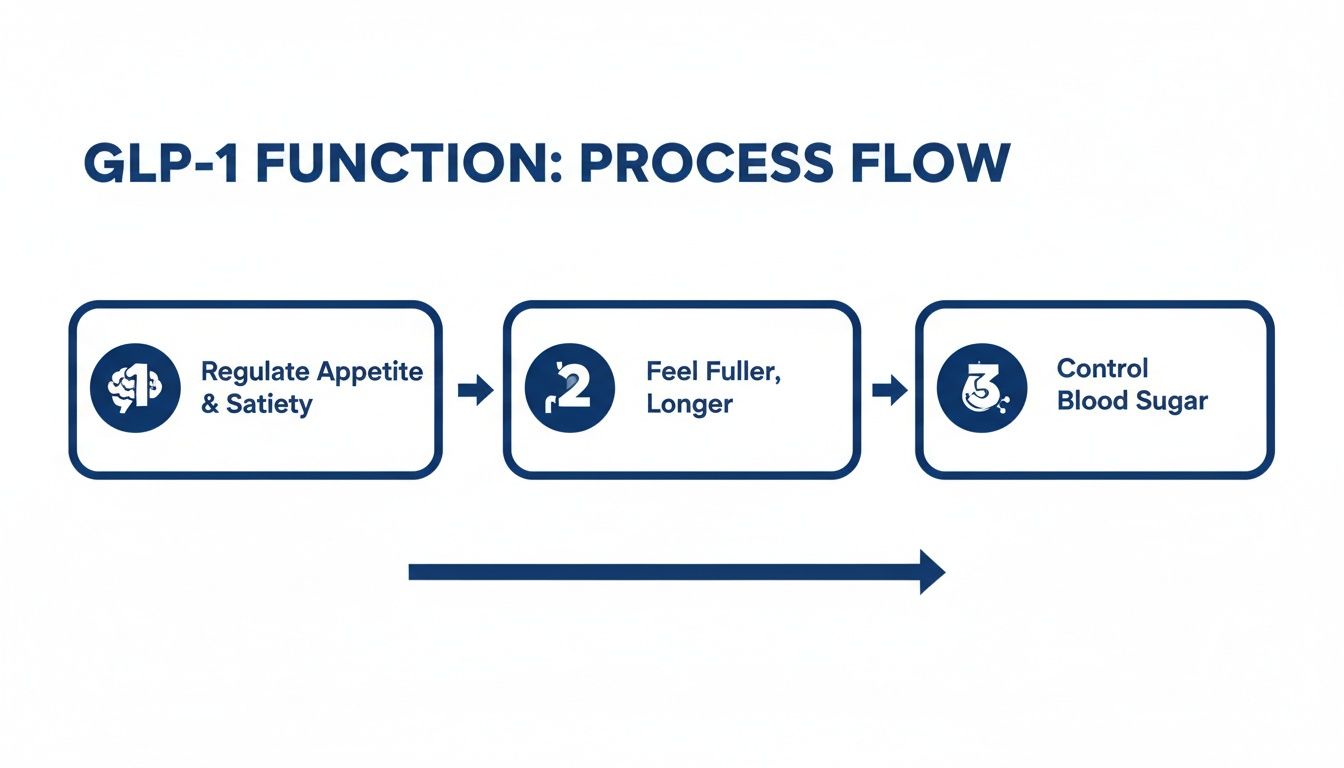 Process flow diagram for GLP-1 function showing appetite, satiety, and blood sugar control.