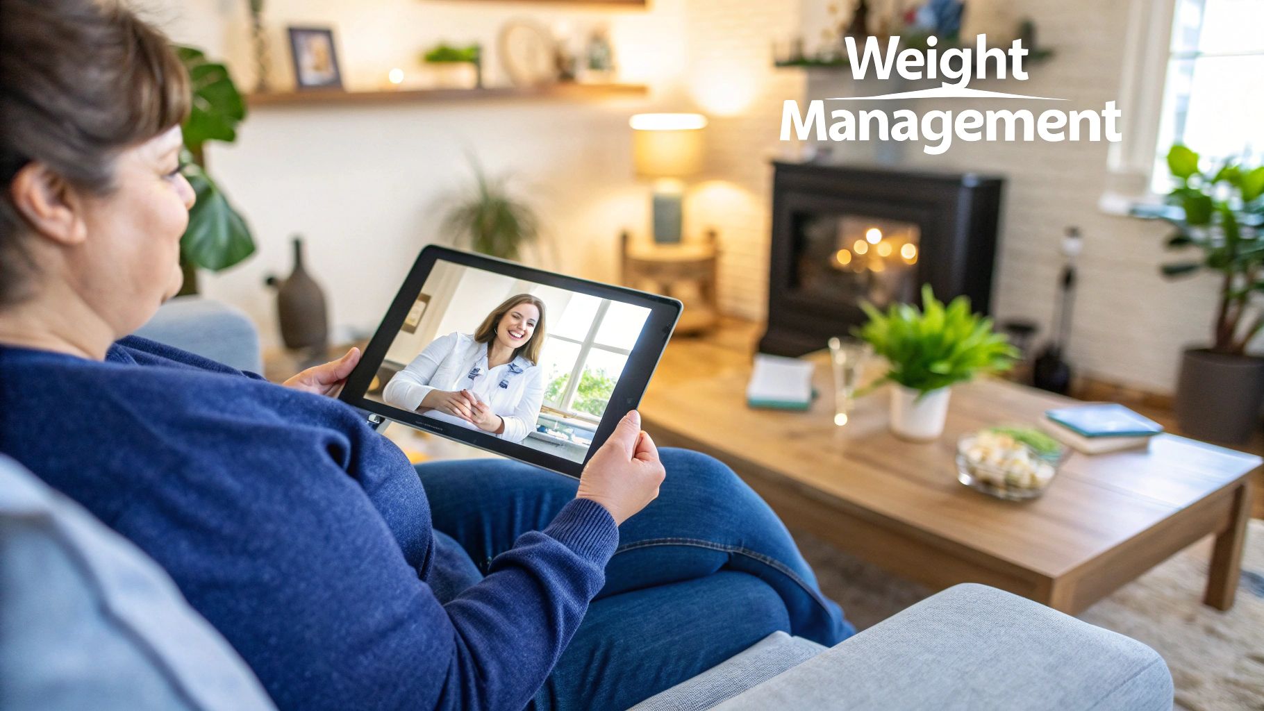 A smiling woman using her laptop to consult with a doctor online, representing the convenience of telehealth for weight management.