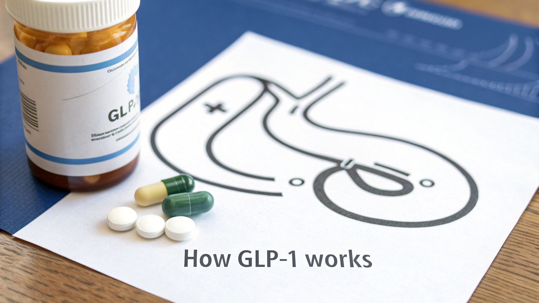 GLP-1 medication bottle, various pills, and a diagram explaining how GLP-1 works for weight loss.