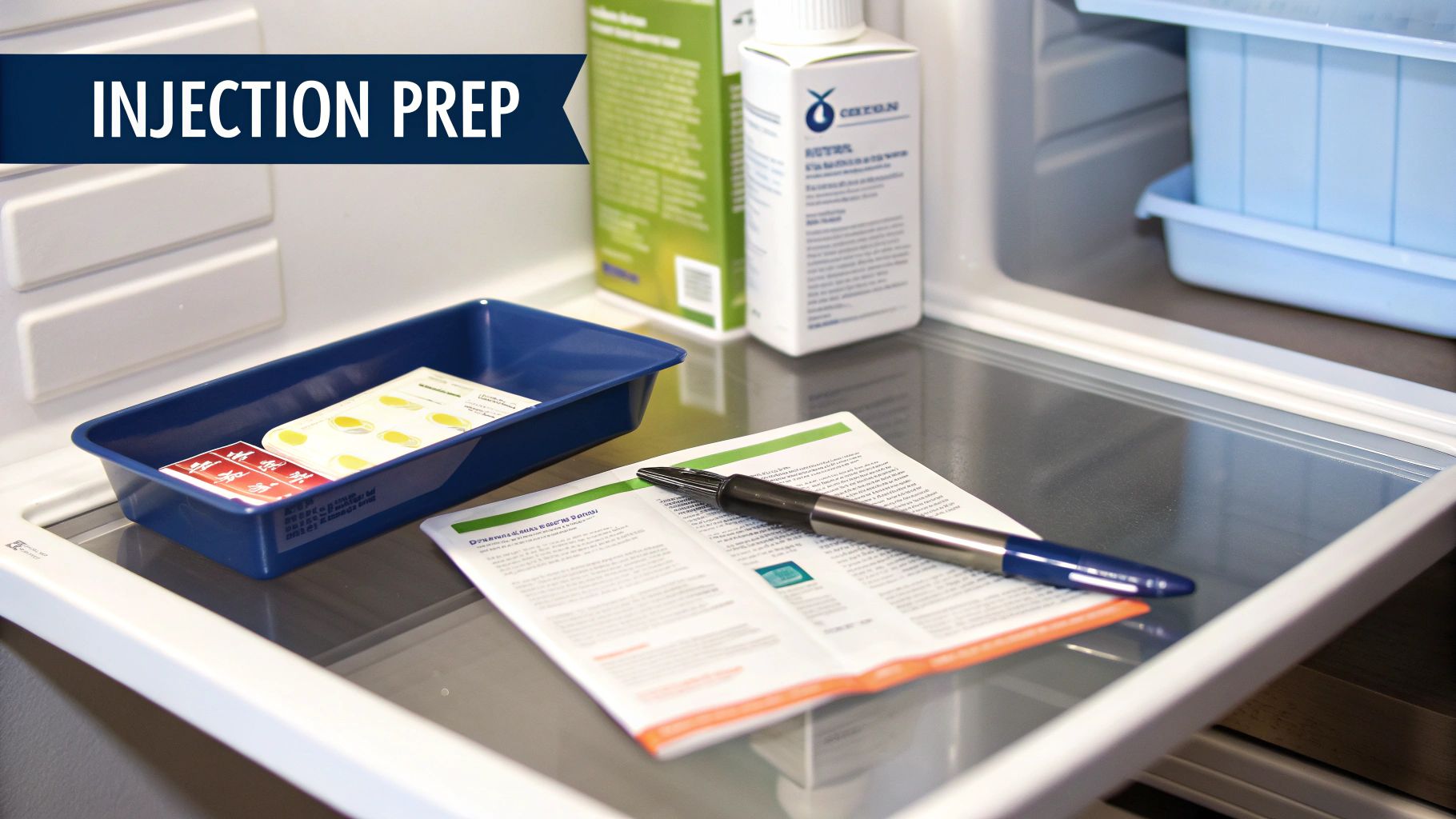Medical supplies, including injection medication and instructions, neatly organized inside a refrigerator.