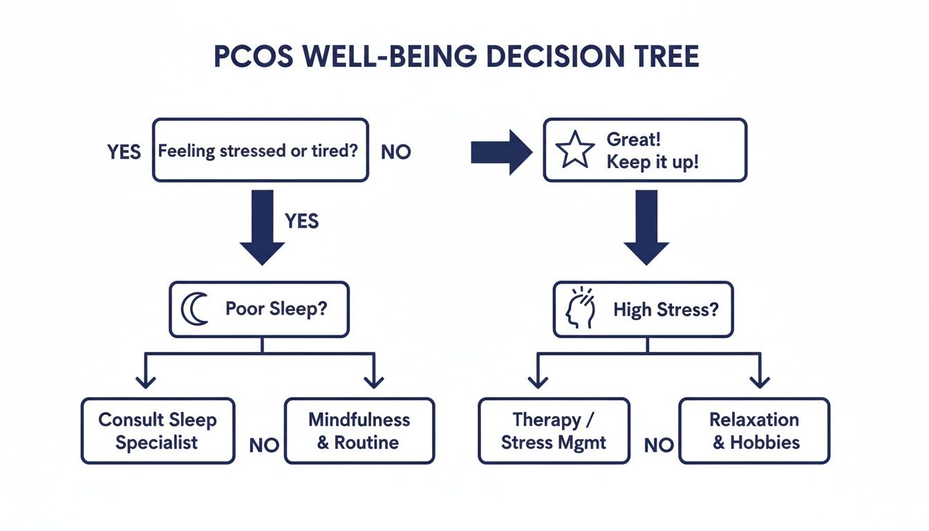 PCOS well-being decision tree for managing stress and sleep issues, offering self-care and specialist advice.