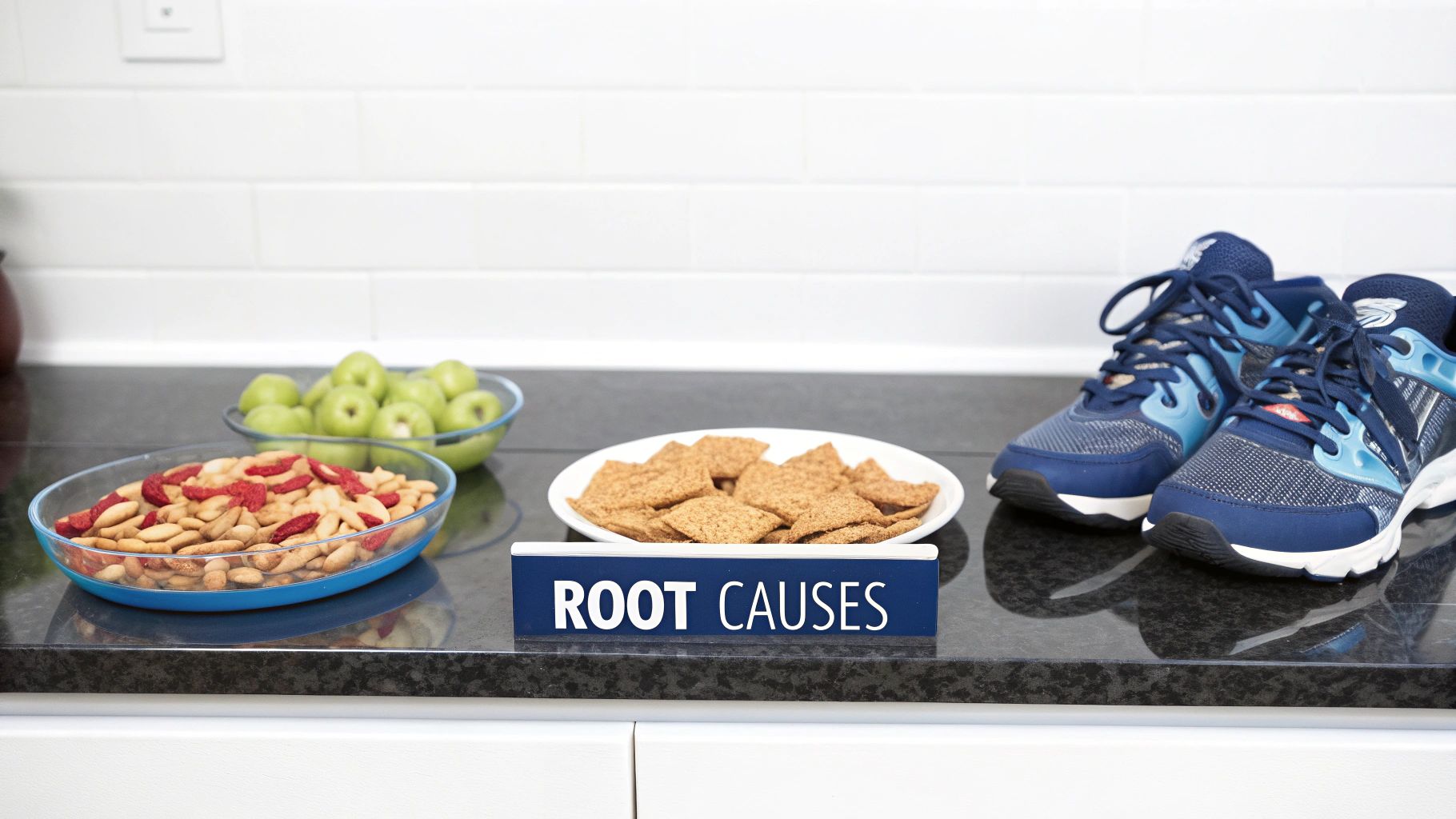 A kitchen counter displays healthy food, crackers, running shoes, and a 'ROOT CAUSES' sign.