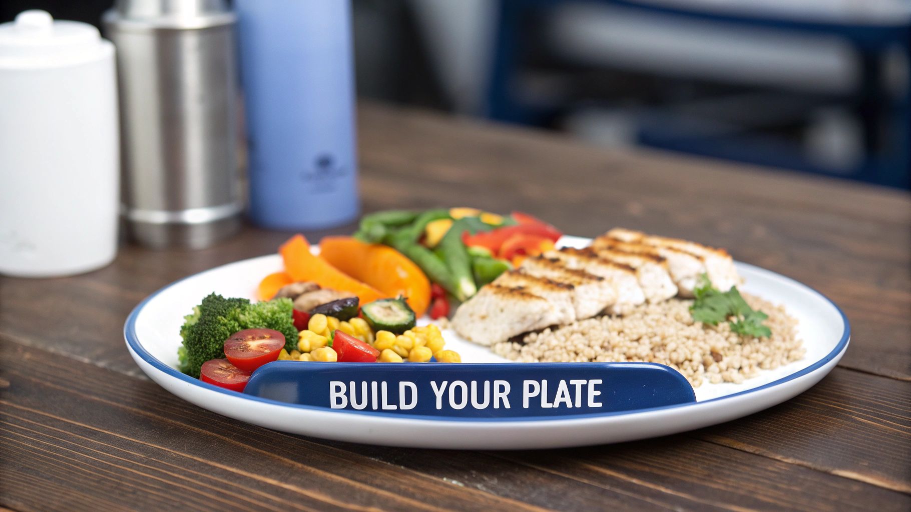 A healthy meal on a plate with grilled chicken, quinoa, broccoli, tomatoes, corn, and other vegetables.