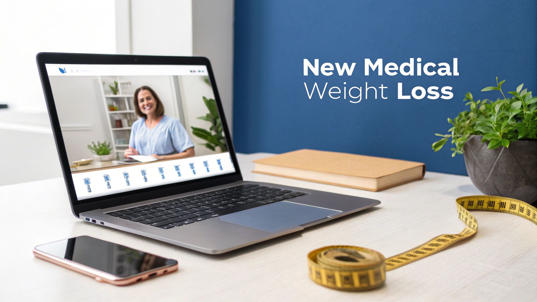 A laptop displays a virtual medical consultation with a smiling woman, on a desk with a phone and measuring tape.