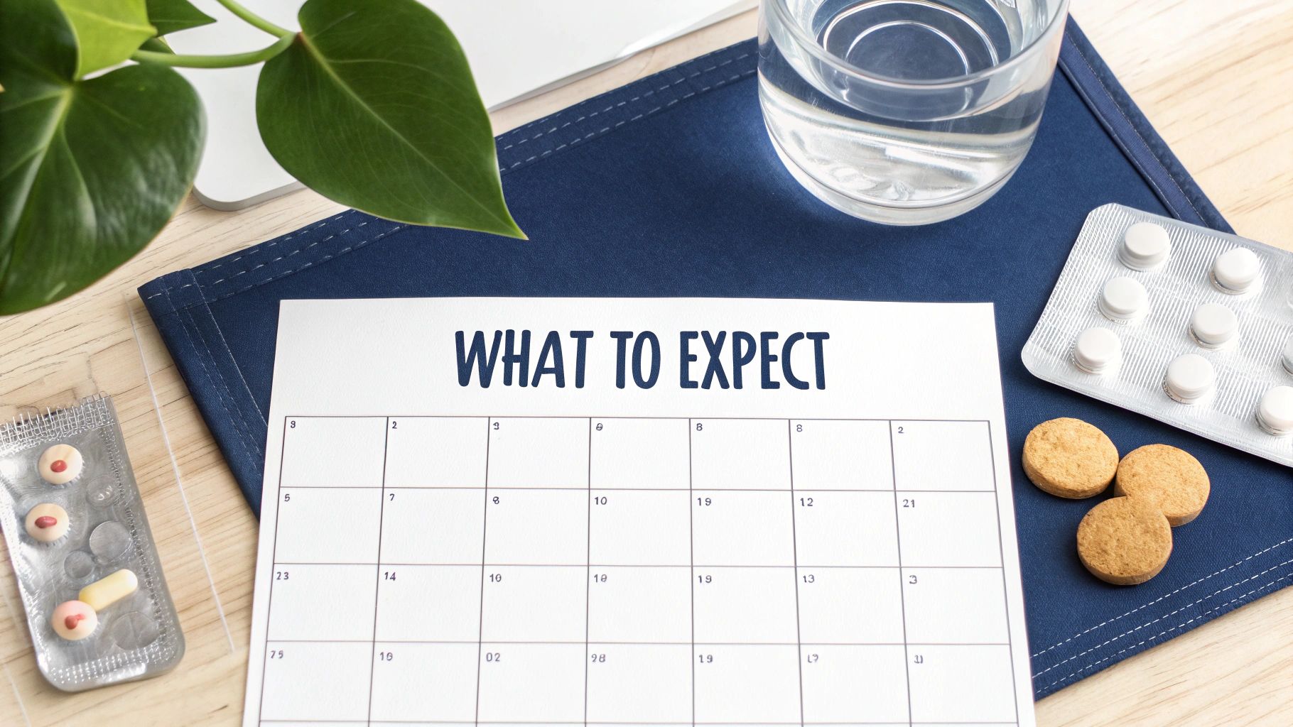 A calendar with 'WHAT TO EXPECT' surrounded by medications, water, and a plant on a desk.