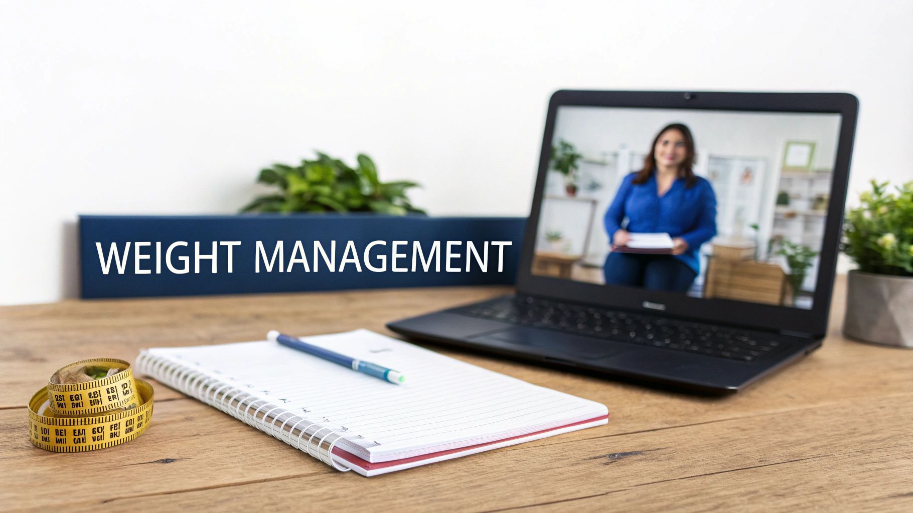 Online weight management session on a laptop with a measuring tape, notebook, and 'Weight Management' sign.