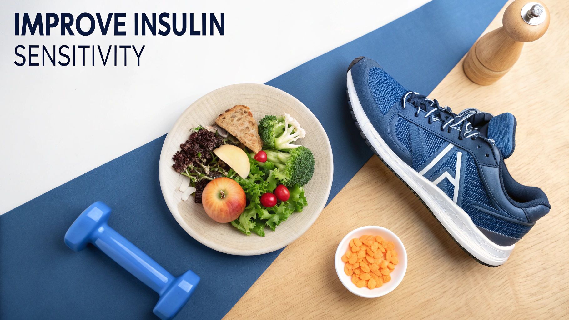 A flat lay showing healthy food, exercise gear, and text 'IMPROVE INSULIN SENSITIVITY'.