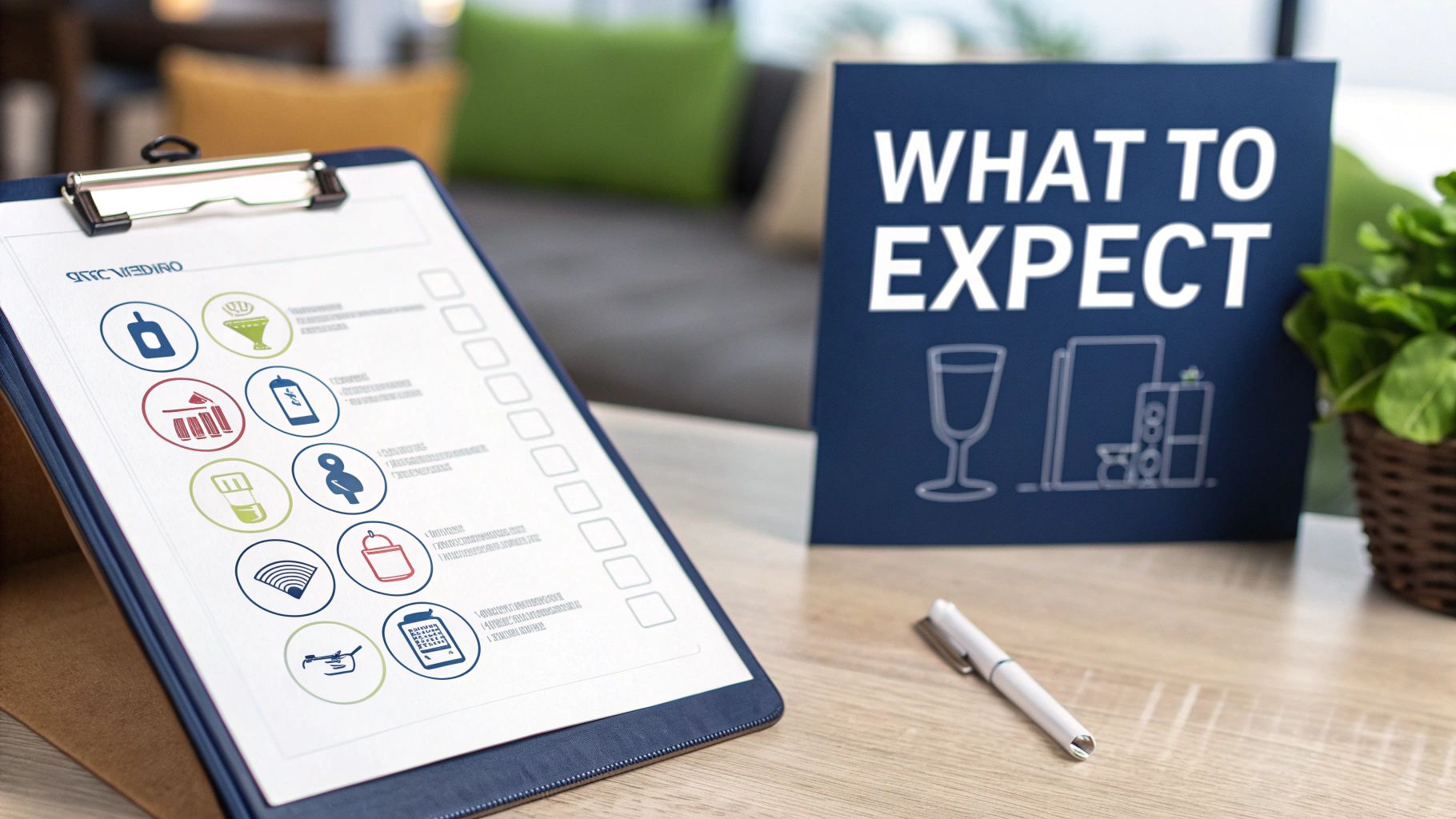 A clipboard with a checklist and icons, next to a blue sign reading 'WHAT TO EXPECT' on a wooden table.