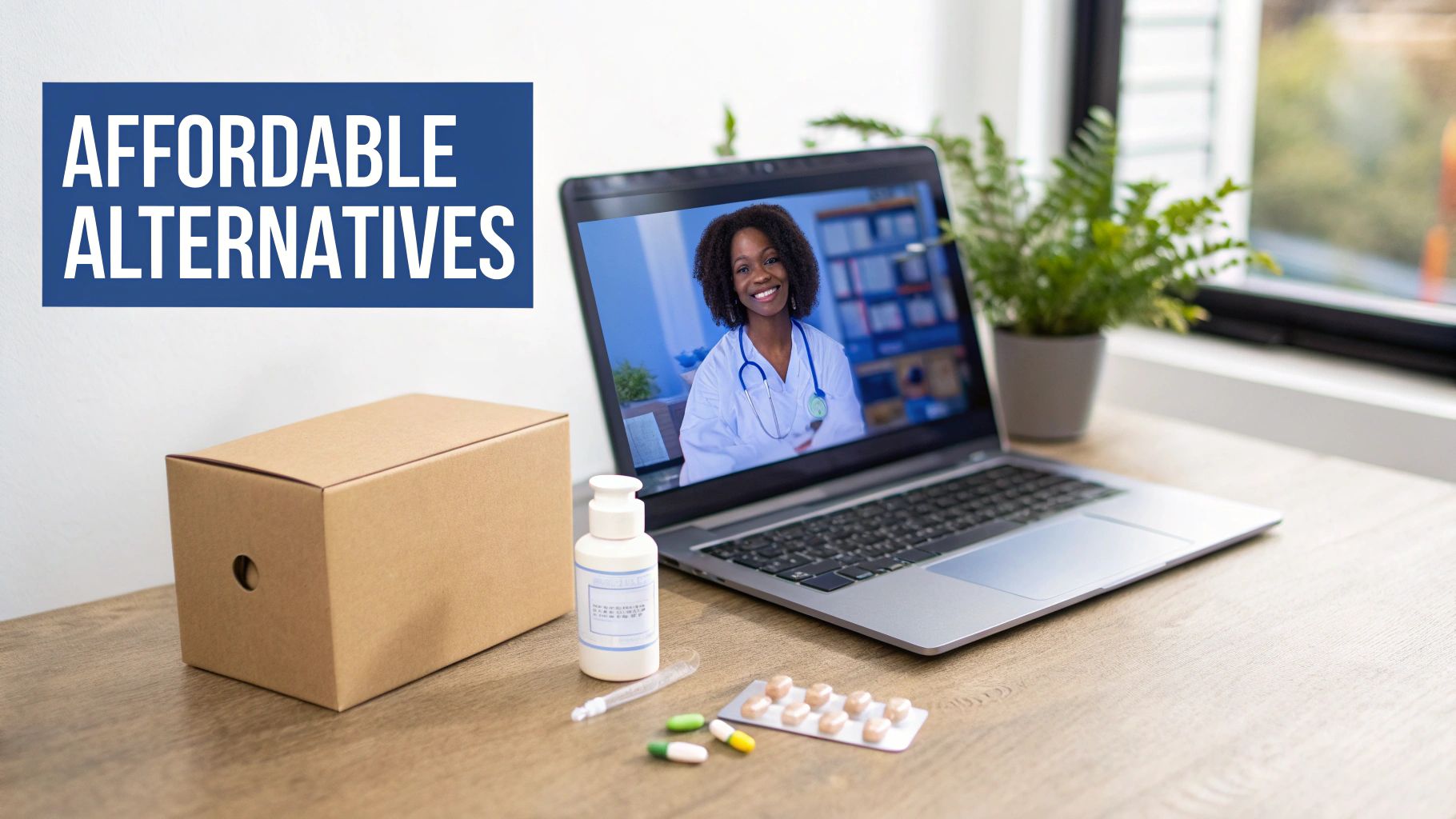 Telemedicine consultation with a doctor, medications, and a package on a desk, highlighting affordable options.
