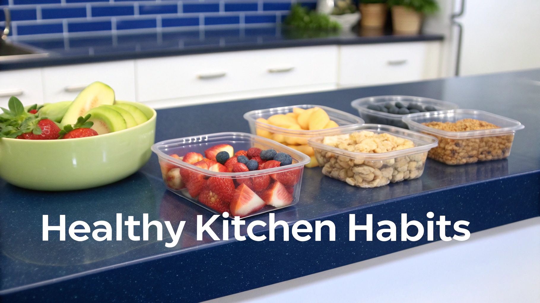 A clean, organized kitchen with fresh fruits and vegetables on the counter, symbolizing a supportive nutrition environment.