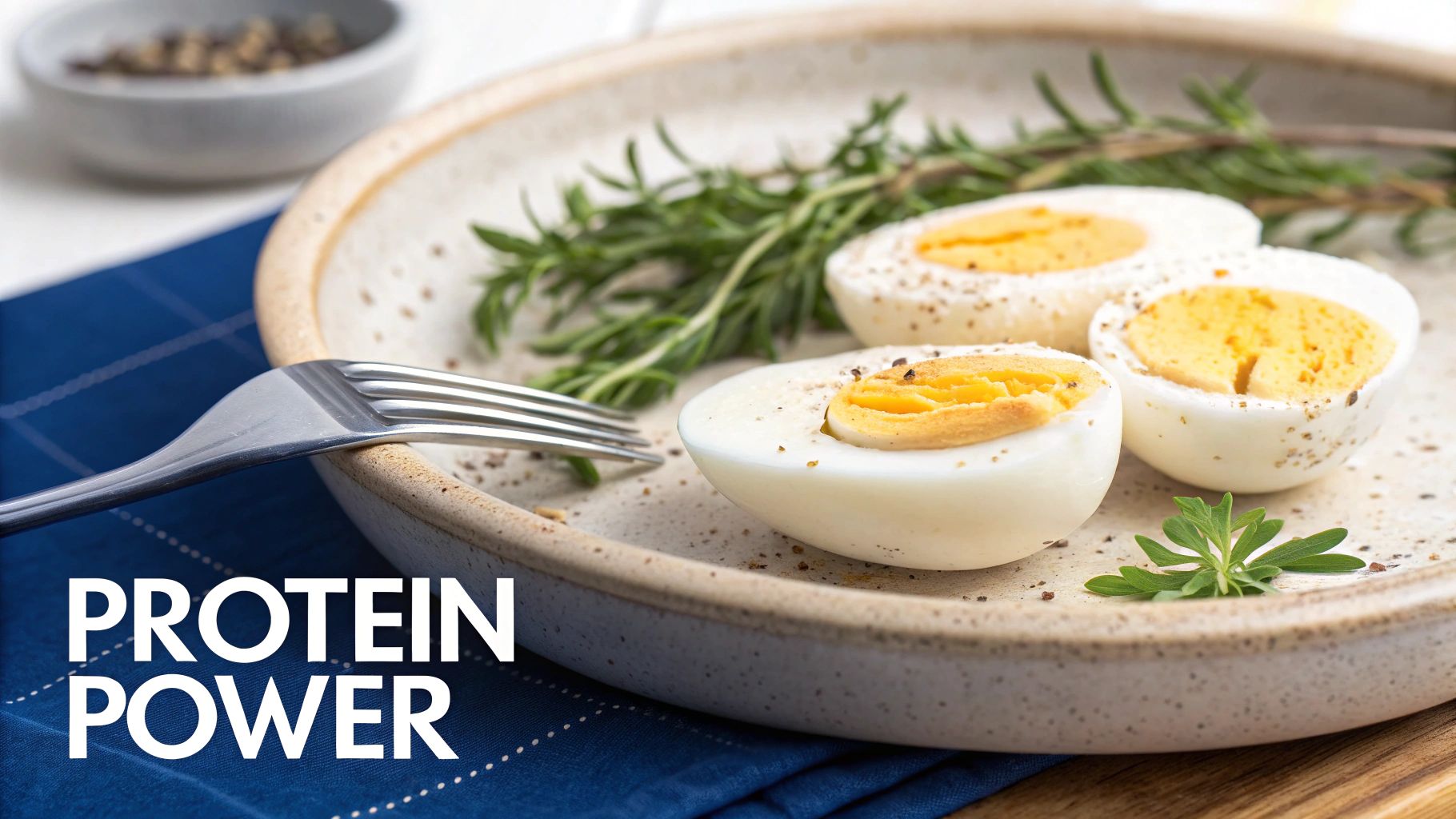 Close-up of seasoned hard-boiled eggs on a plate with rosemary, a fork, and a blue napkin.