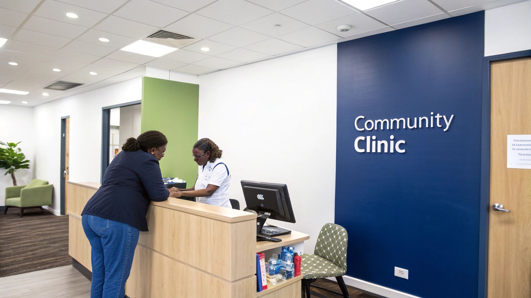 Two women at a reception desk in a brightly lit community clinic lobby.