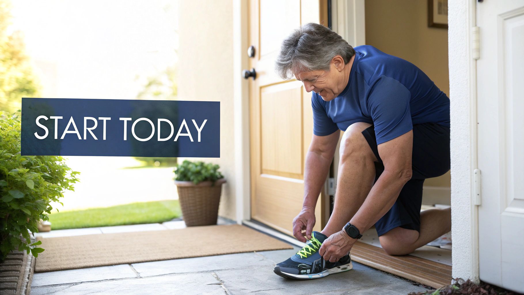 A person tying their running shoes, symbolizing the start of a new health journey.