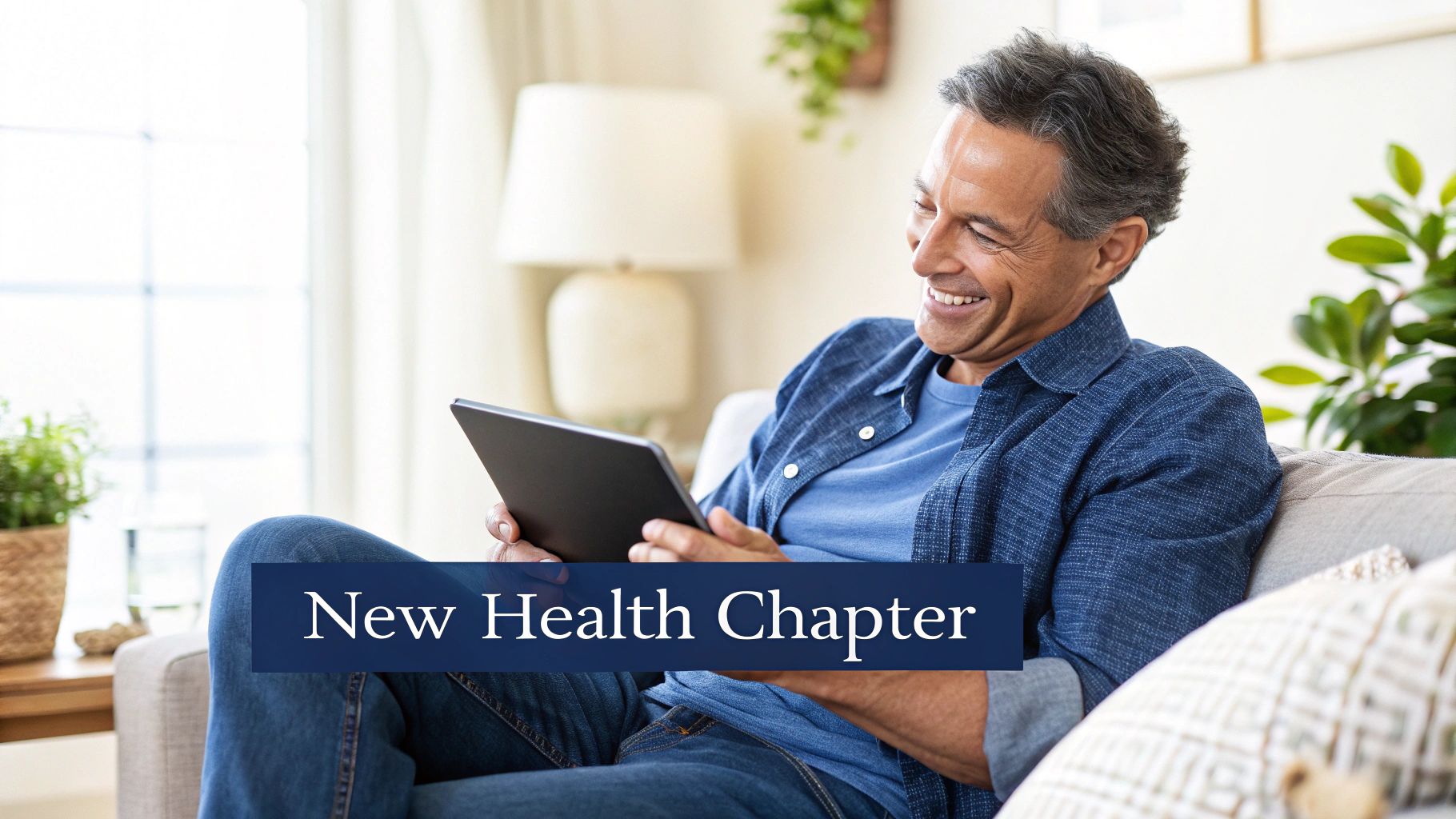 A smiling man sits on a couch, happily looking at a tablet, representing a new health chapter.