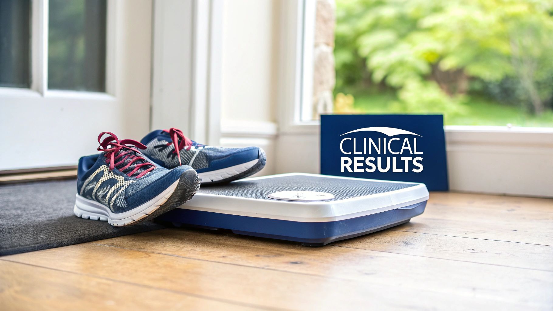 Blue running shoes on a digital scale next to a 'Clinical Results' sign by a window.
