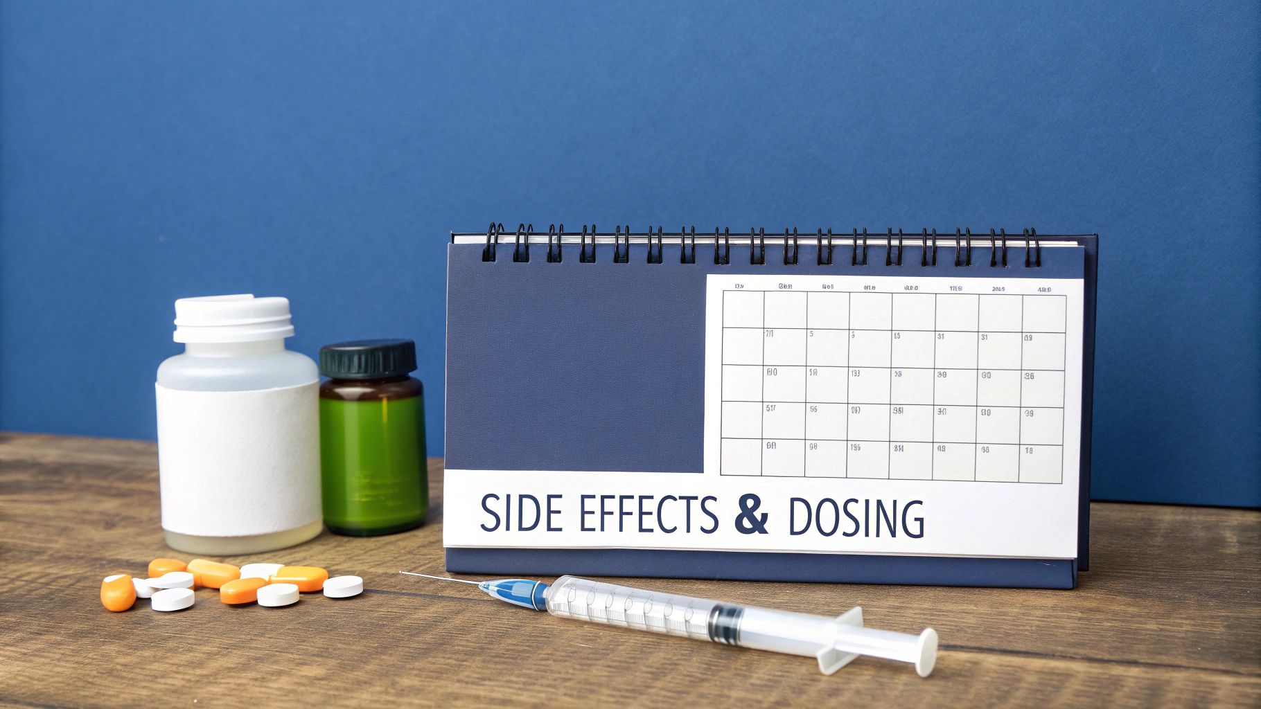 Pills, medicine bottles, and a syringe next to a calendar with 'SIDE EFFECTS & DOSING' text.