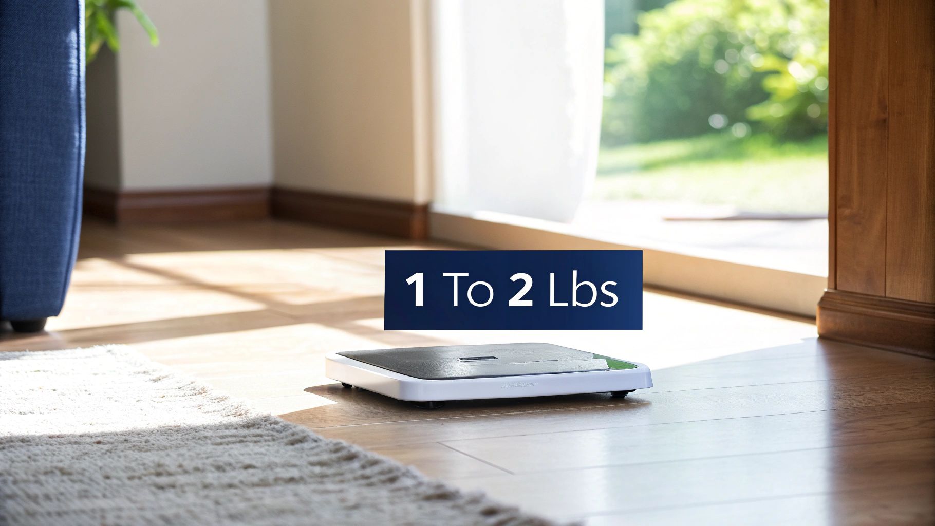 A modern smart scale sits on a sunny wooden floor, displaying '1 To 2 Lbs'.