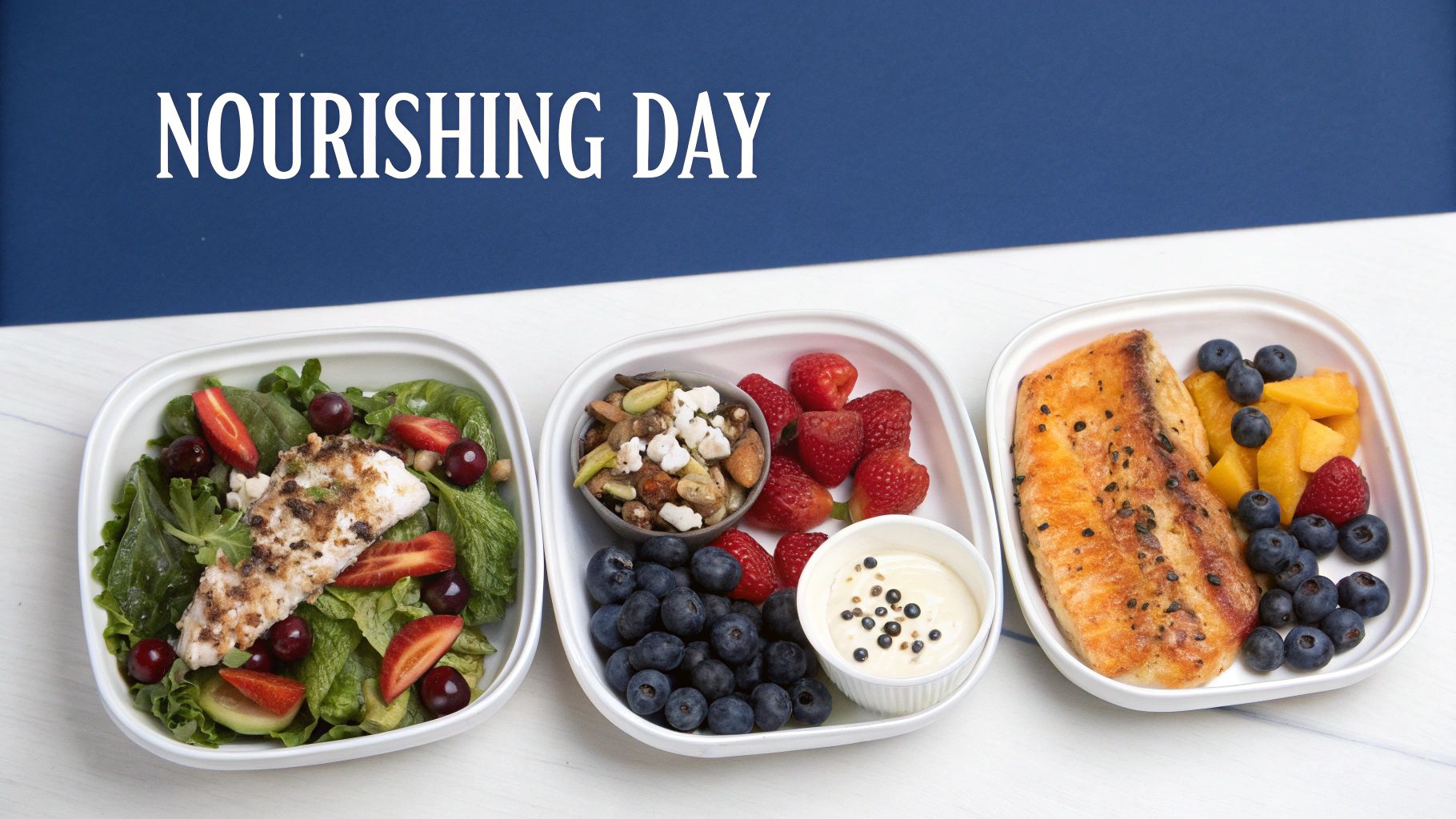 Three white containers filled with diverse healthy meal prep options including fish, salad, berries, and nuts.