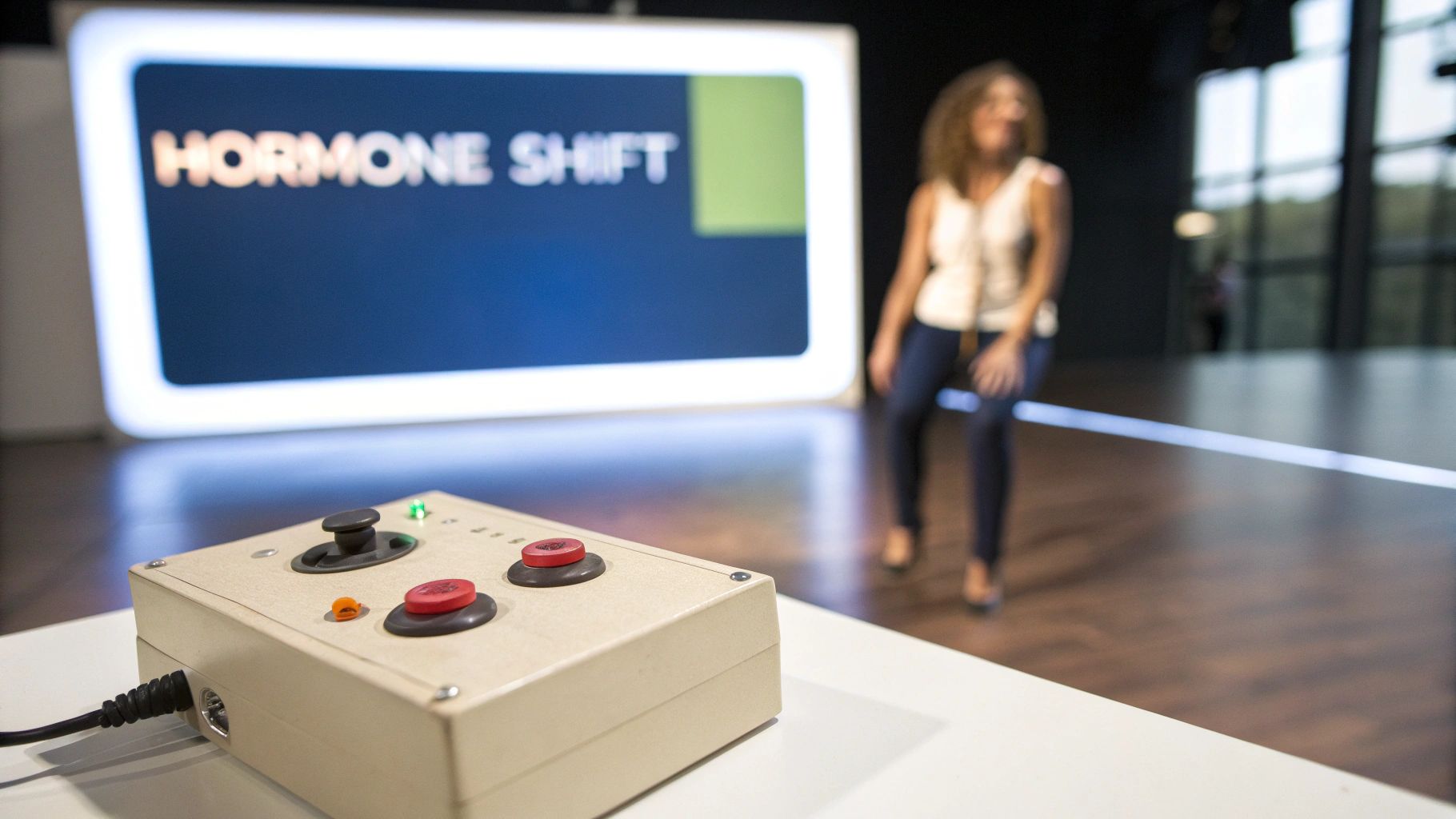 An interactive display showing 'HORMONE SHIFT' with a custom controller in the foreground.