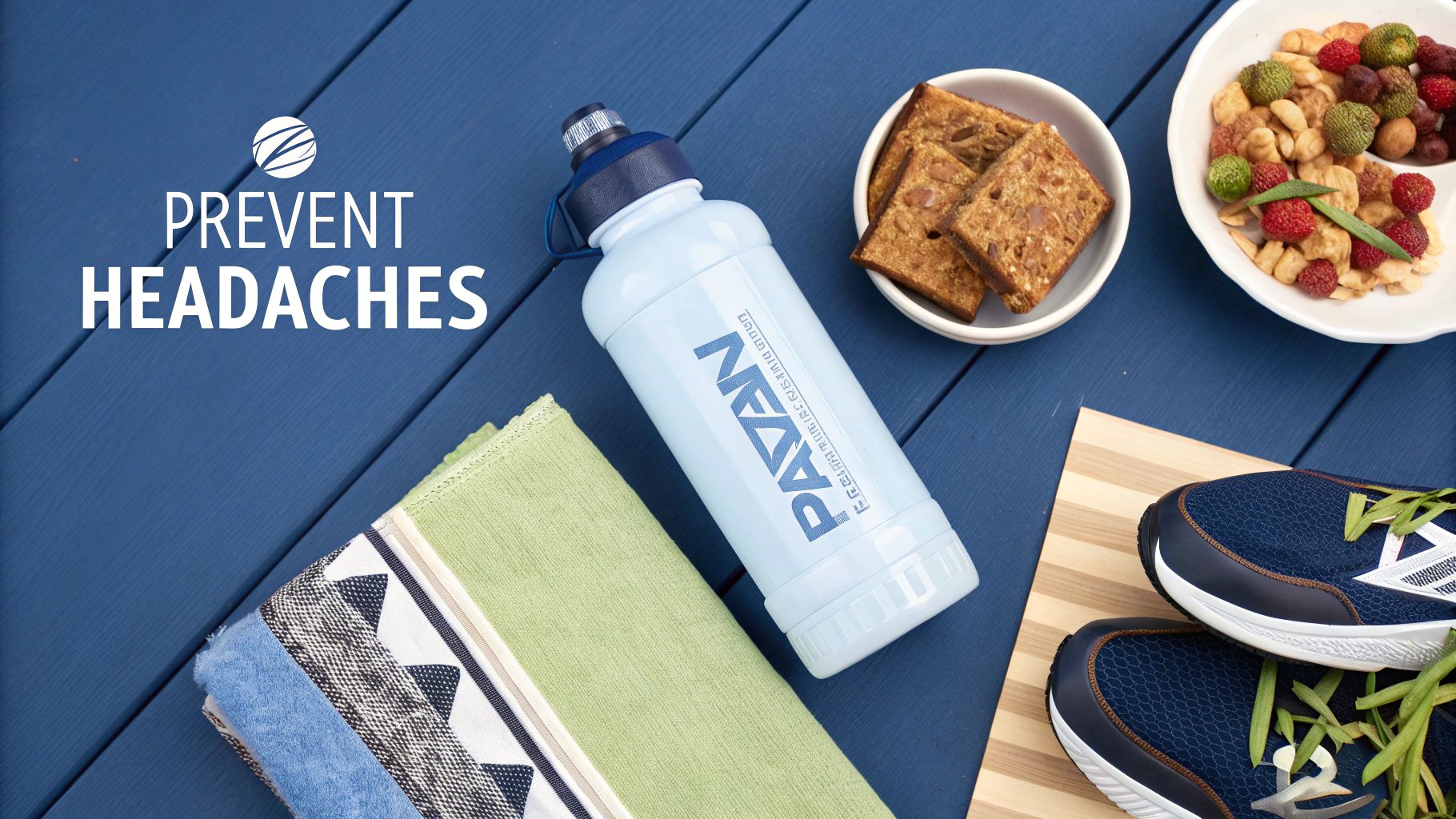 Flat lay of health and fitness essentials: a water bottle, running shoes, towel, and healthy snacks, with 'PREVENT HEADACHES' text.