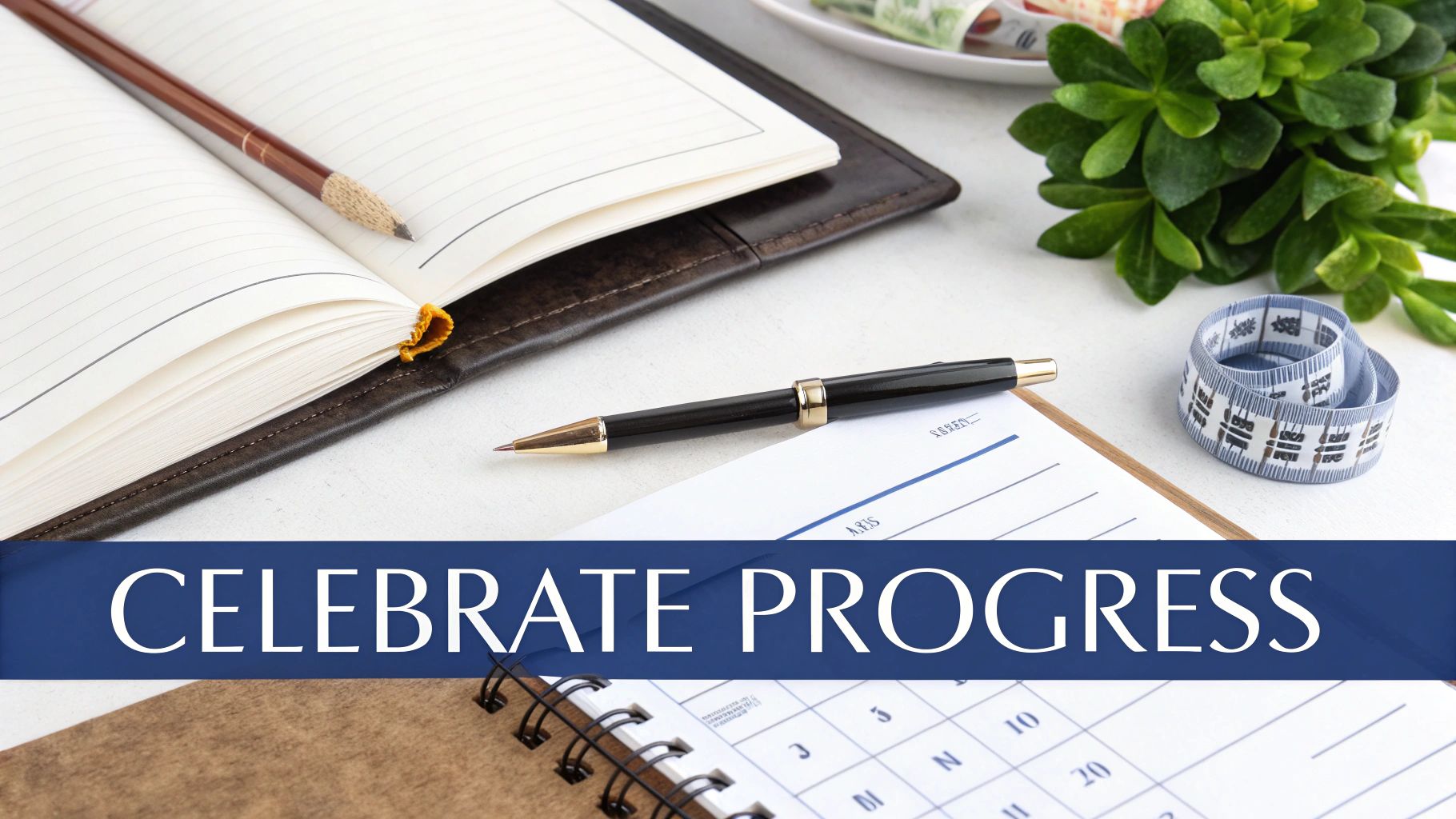 A desk with an open notebook, pencil, pen, measuring tape, and a plant, with 'CELEBRATE PROGRESS' overlay.